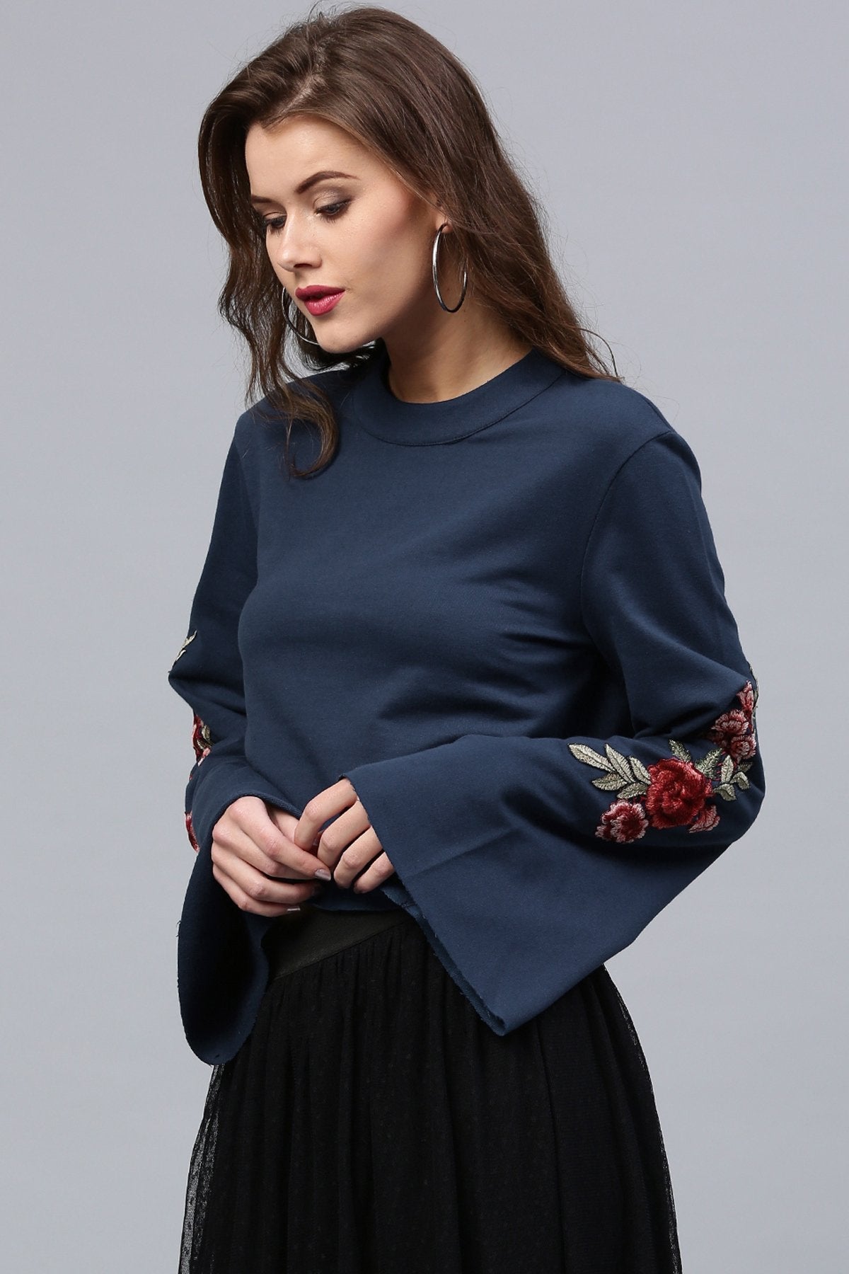 Women's Blue Bell Sleeves Patch Top - SASSAFRAS