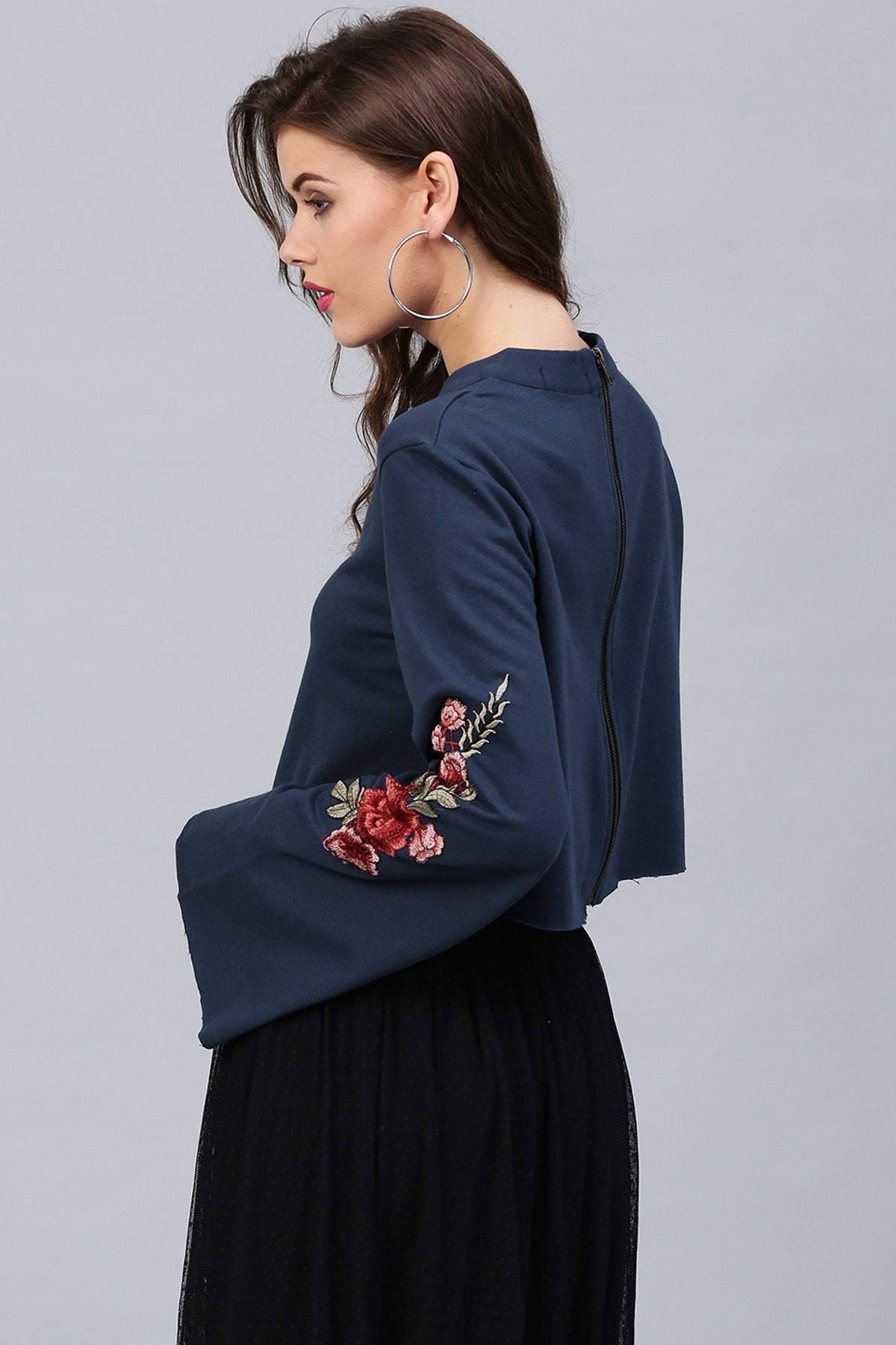 Women's Blue Bell Sleeves Patch Top - SASSAFRAS