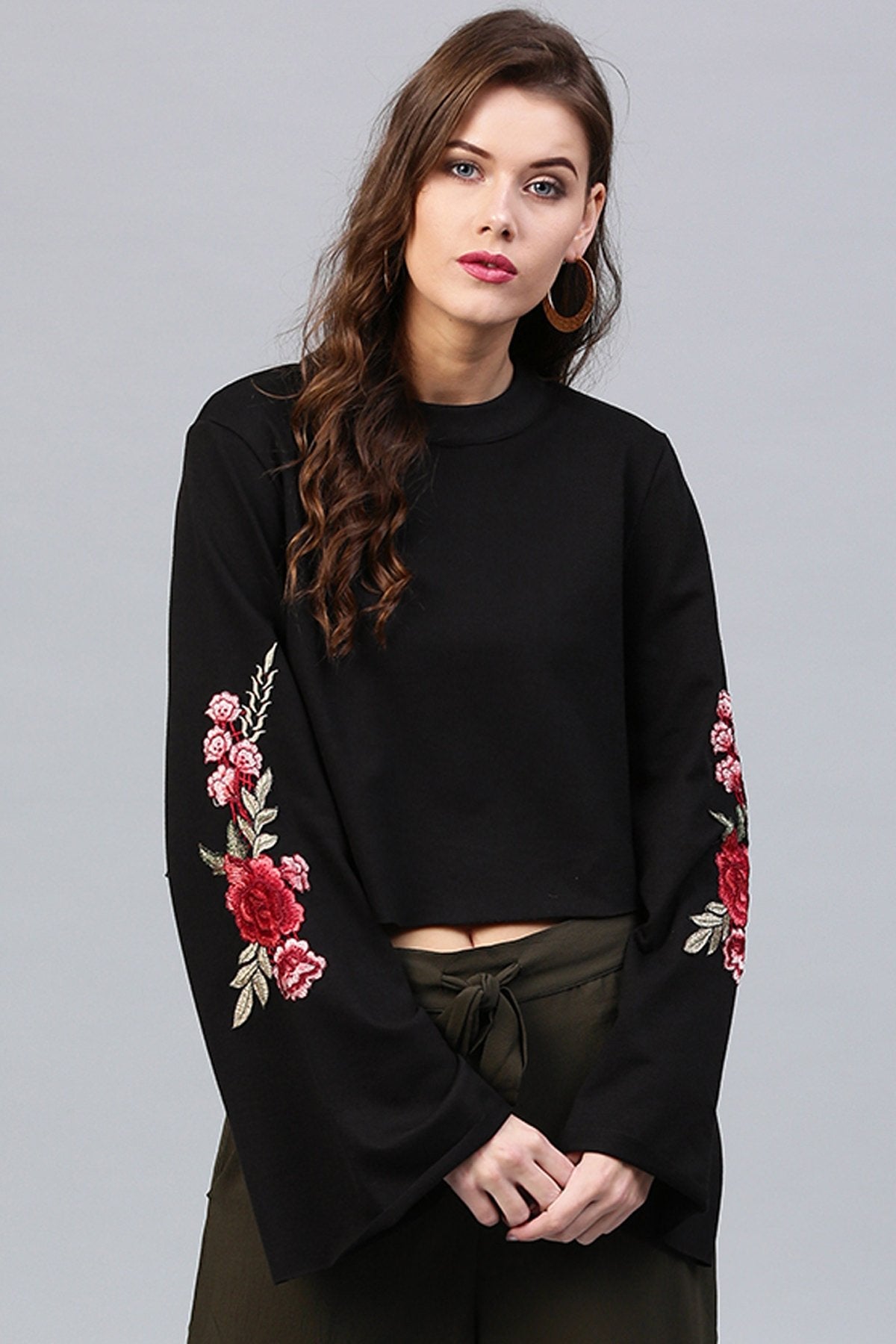 Women's Black Bell Sleeves Patch Top - SASSAFRAS