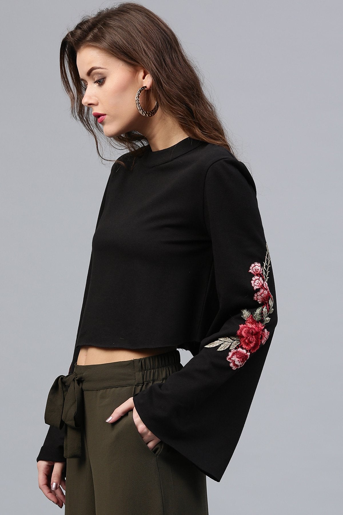 Women's Black Bell Sleeves Patch Top - SASSAFRAS