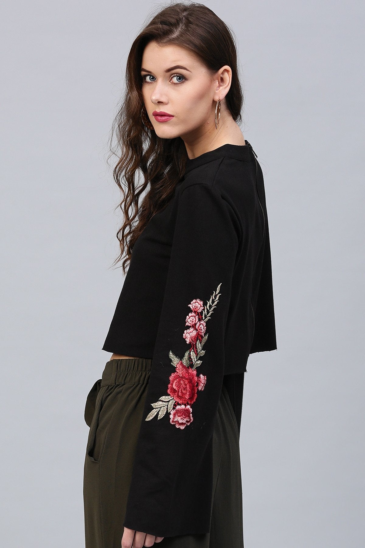 Women's Black Bell Sleeves Patch Top - SASSAFRAS