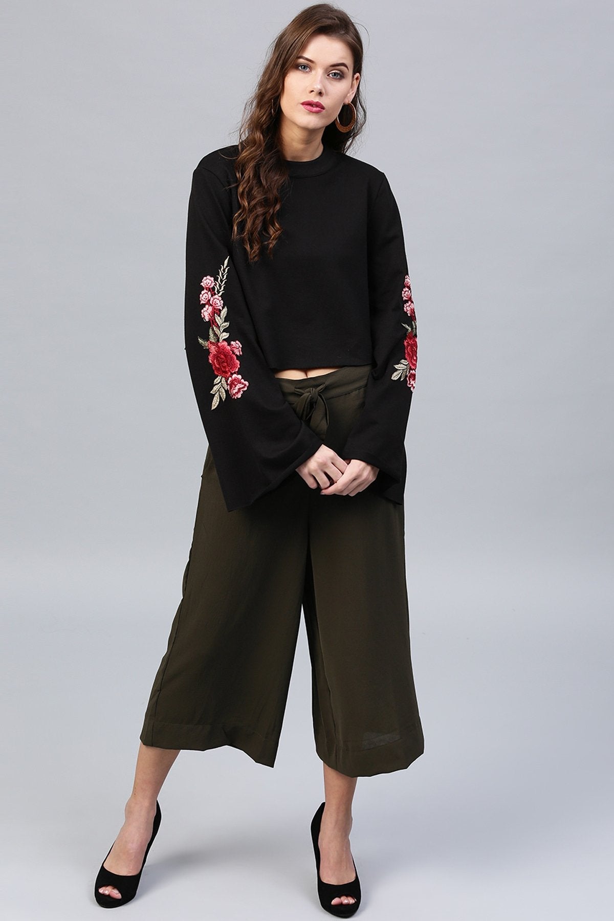 Women's Black Bell Sleeves Patch Top - SASSAFRAS