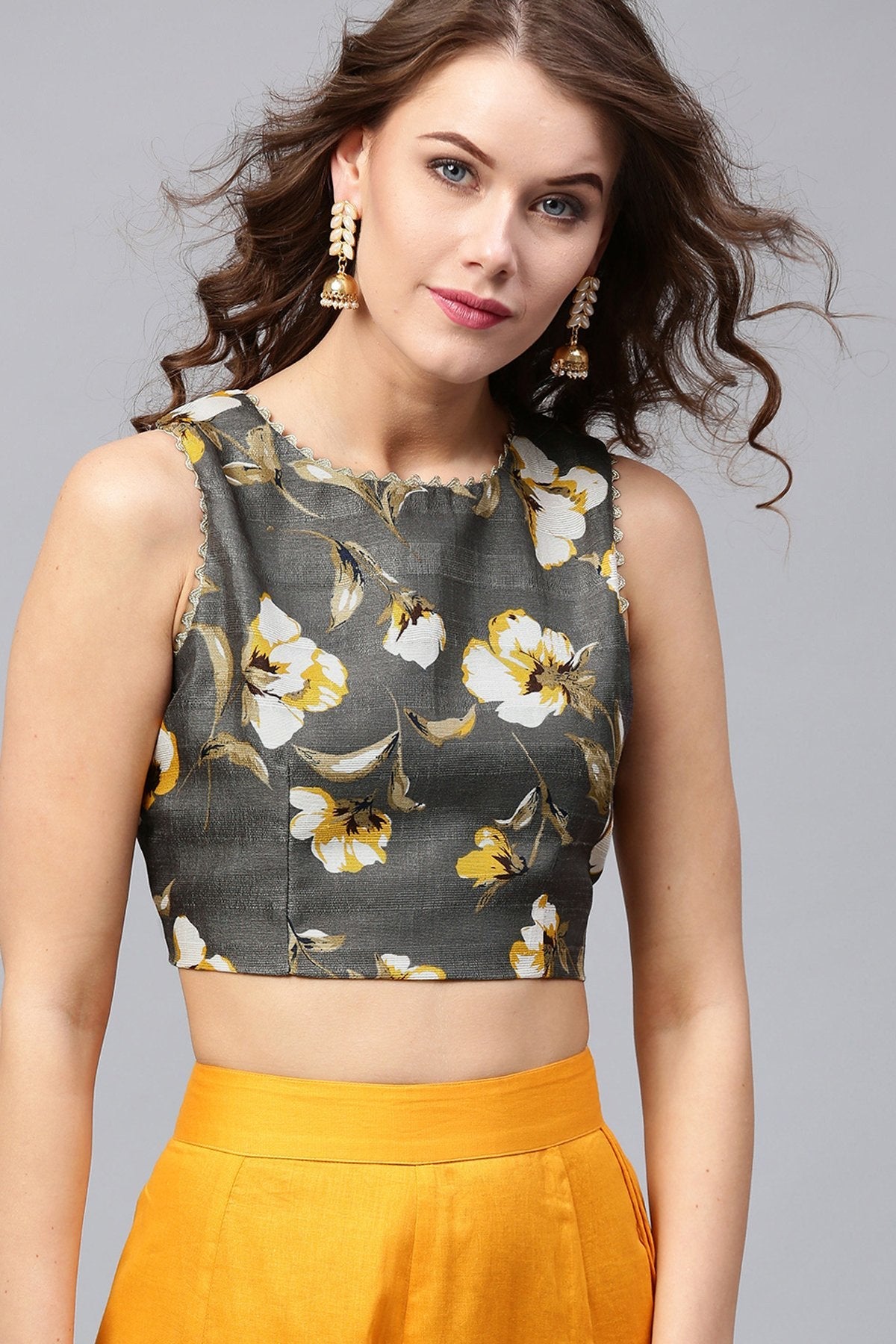 Women's Grey Floral Crop Top - SASSAFRAS