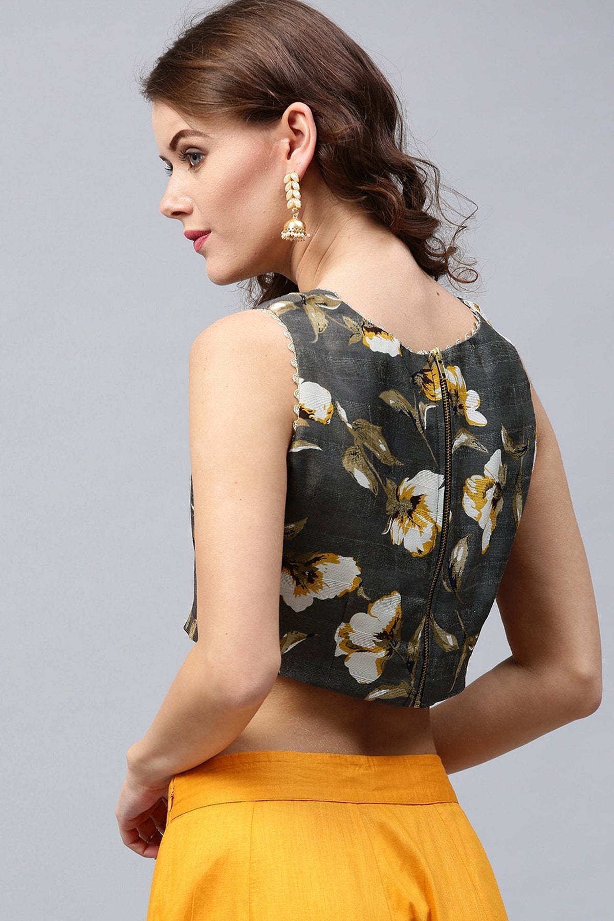 Women's Grey Floral Crop Top - SASSAFRAS