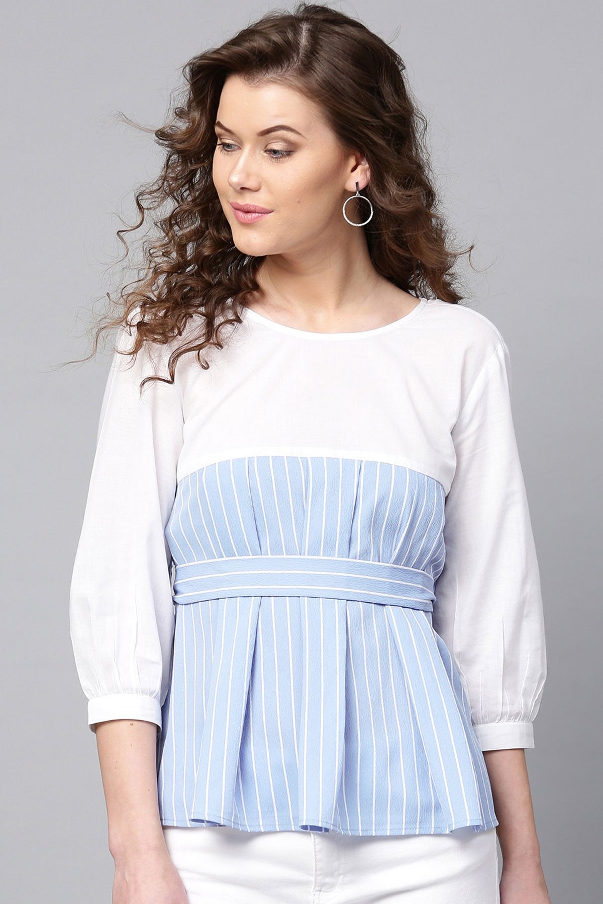 Women's Blue Stripes Pleated Peplum Top - SASSAFRAS