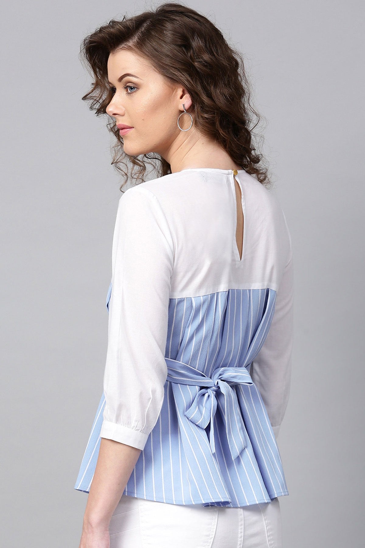 Women's Blue Stripes Pleated Peplum Top - SASSAFRAS