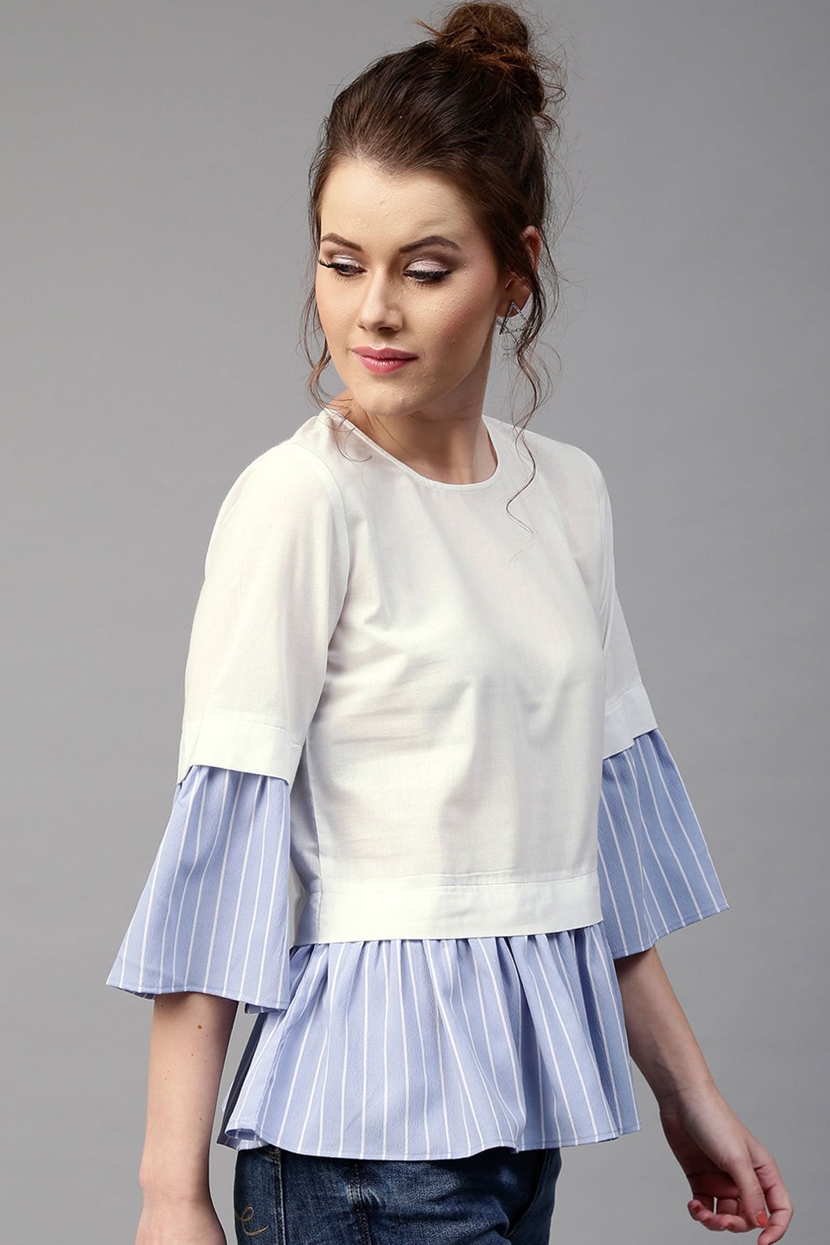 Women's Blue Stripes Frill Hem Top - SASSAFRAS