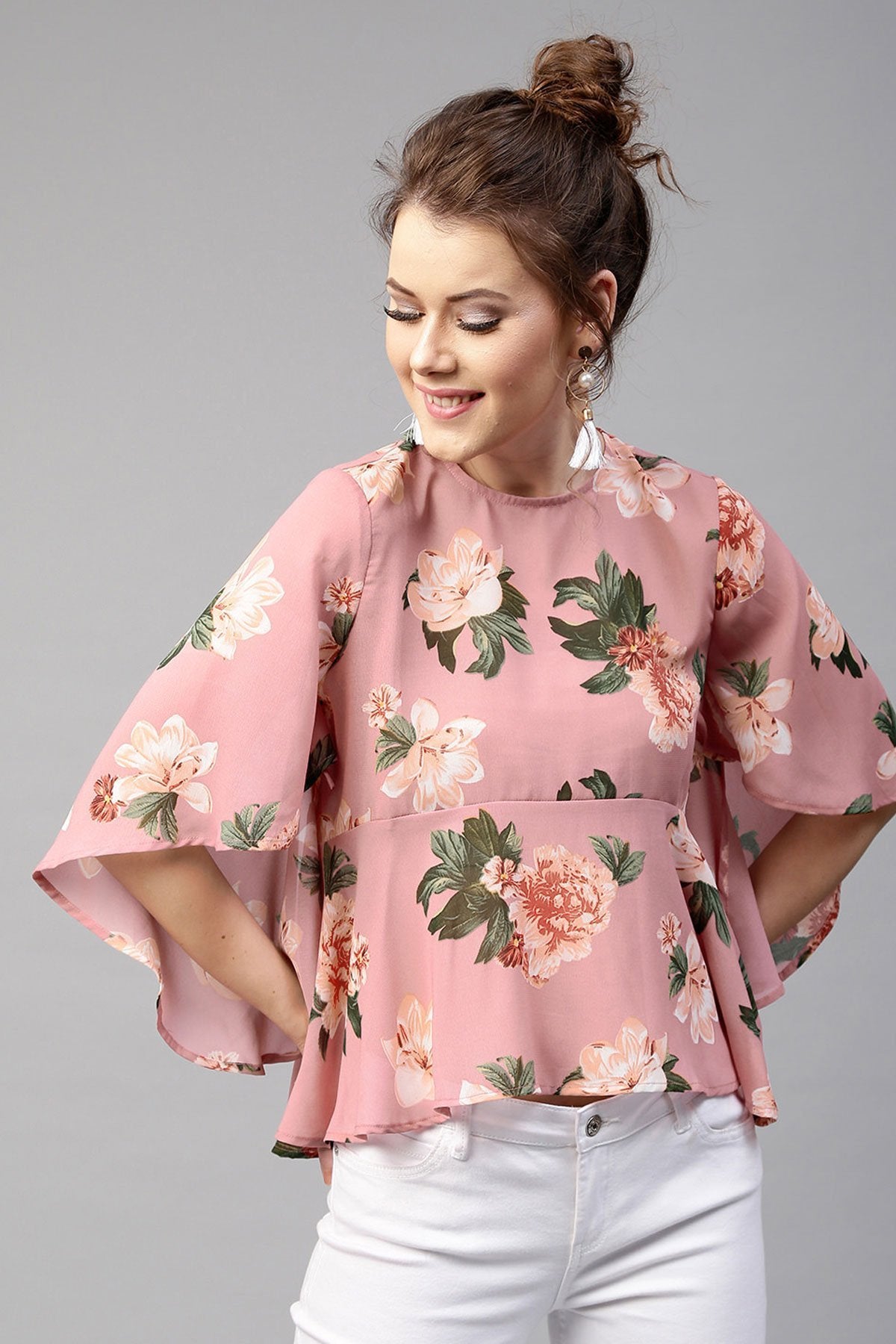 Women's Baked Pink Floral Flared Sleeve Top - SASSAFRAS