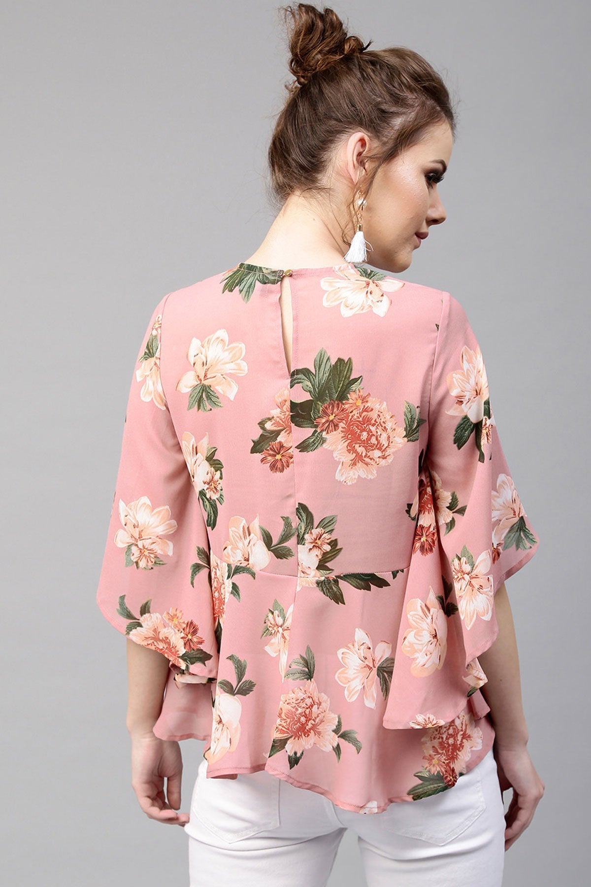 Women's Baked Pink Floral Flared Sleeve Top - SASSAFRAS