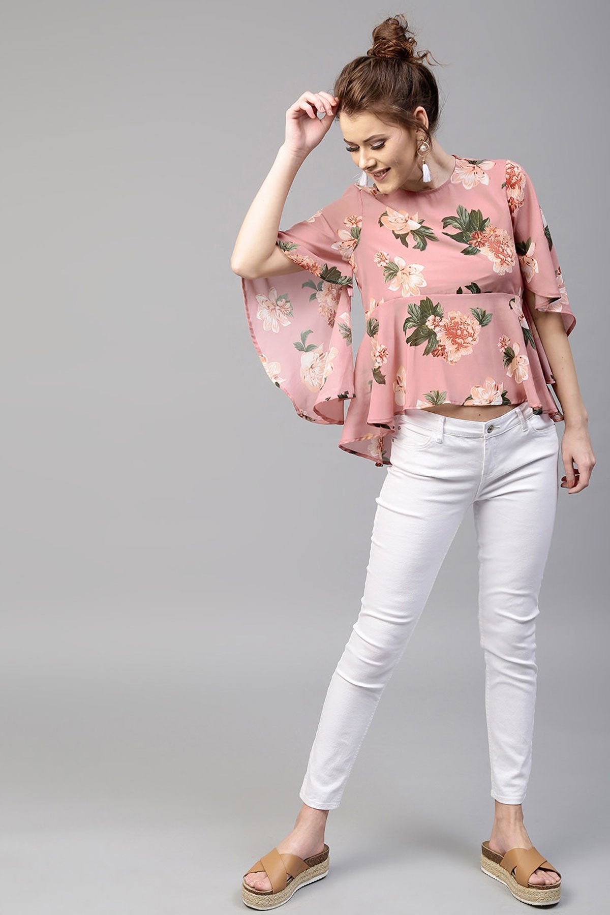 Women's Baked Pink Floral Flared Sleeve Top - SASSAFRAS