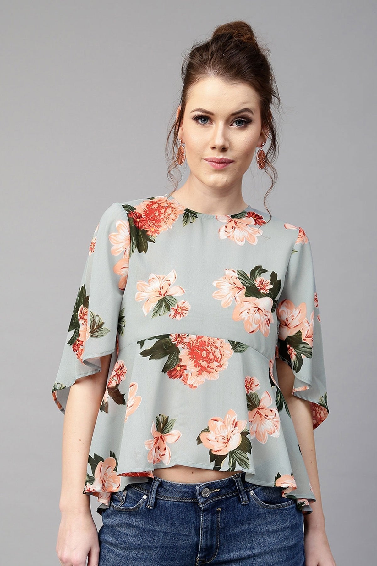 Women's Blue Floral Flared Sleeve Top - SASSAFRAS