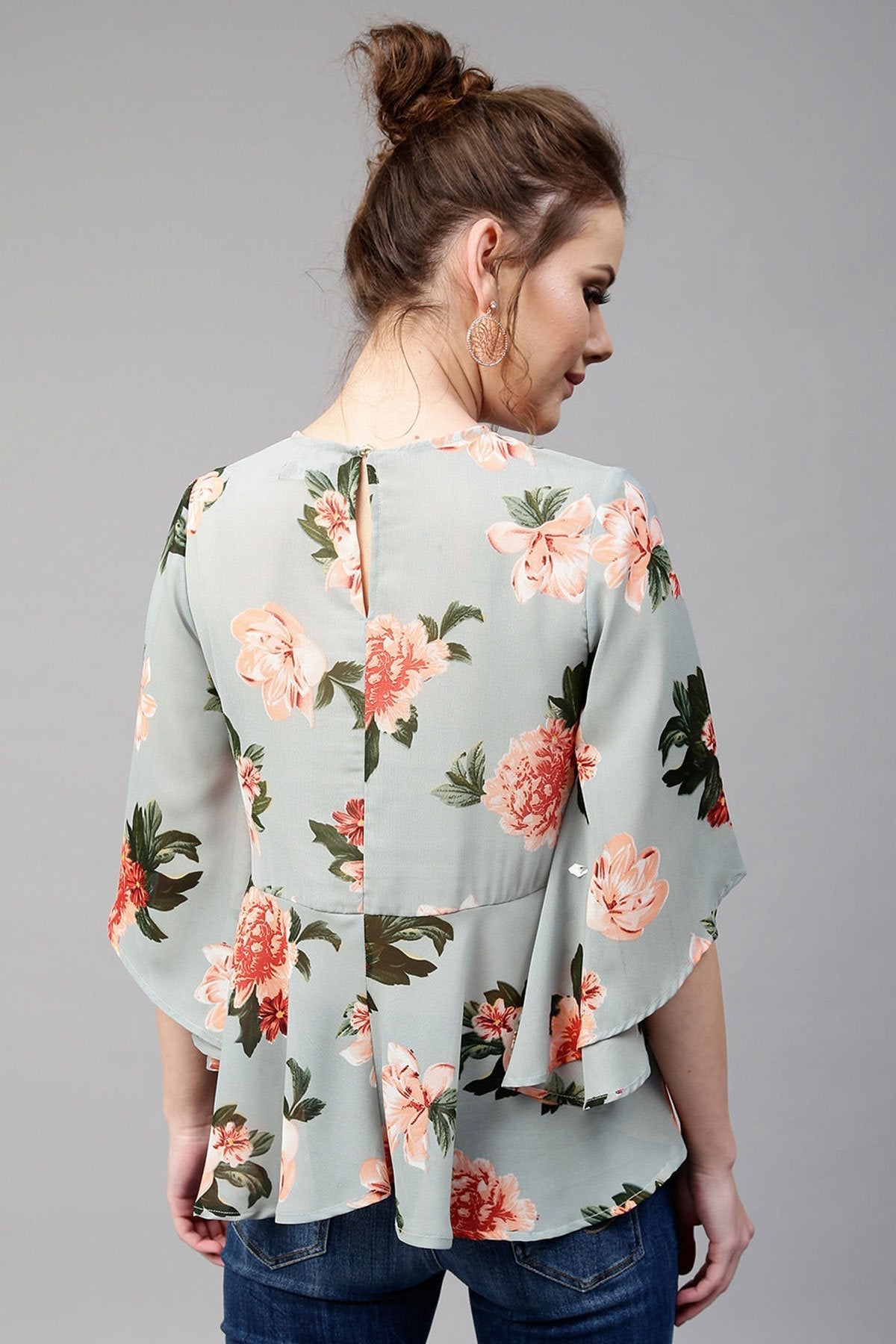 Women's Blue Floral Flared Sleeve Top - SASSAFRAS