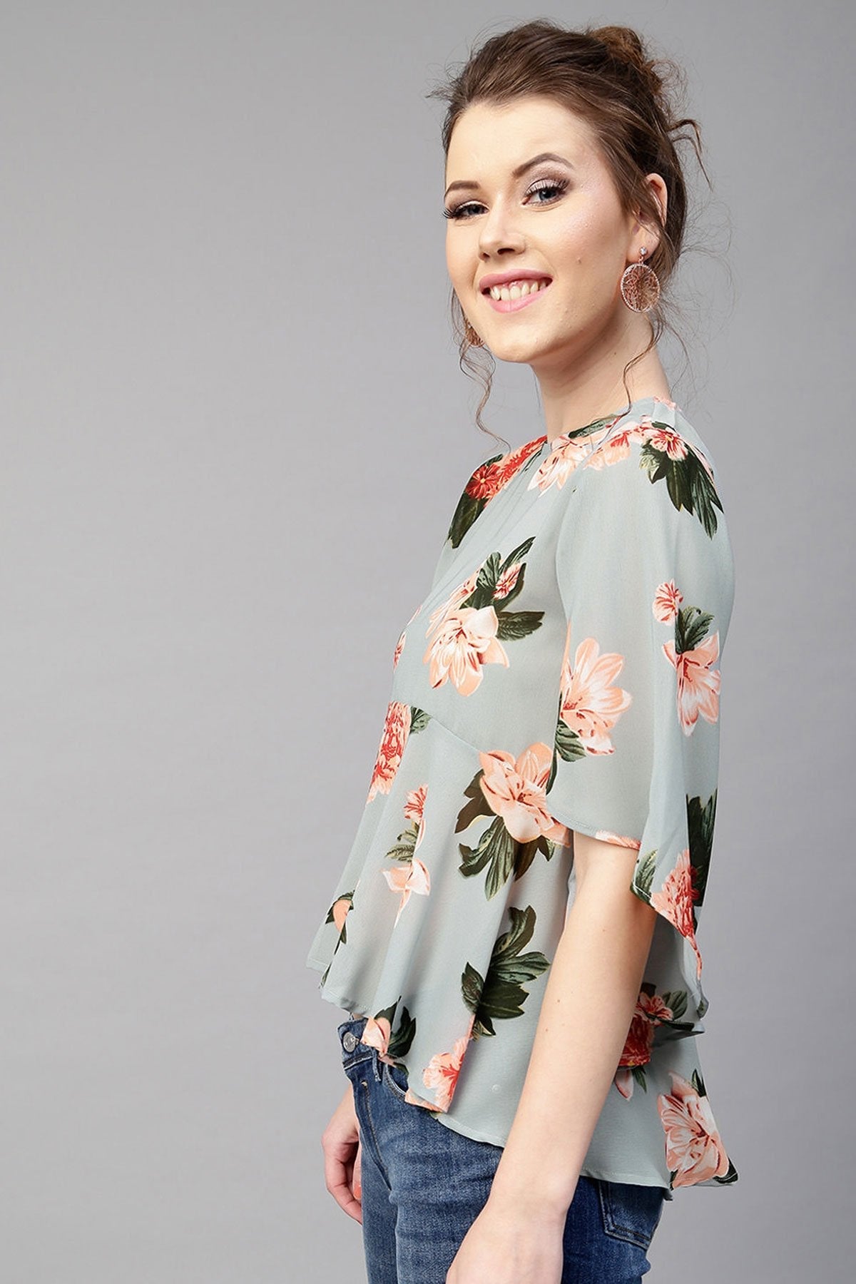 Women's Blue Floral Flared Sleeve Top - SASSAFRAS