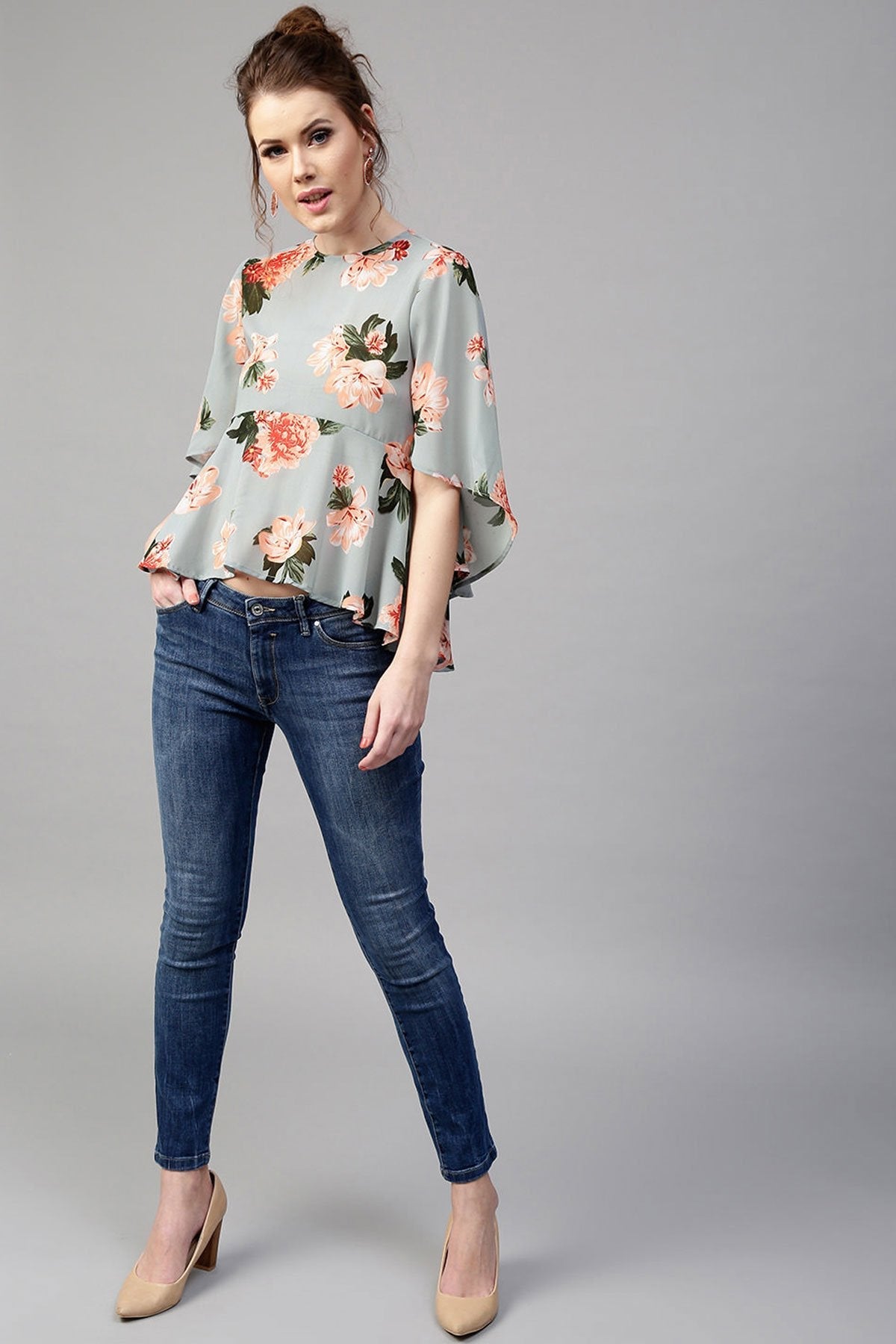 Women's Blue Floral Flared Sleeve Top - SASSAFRAS