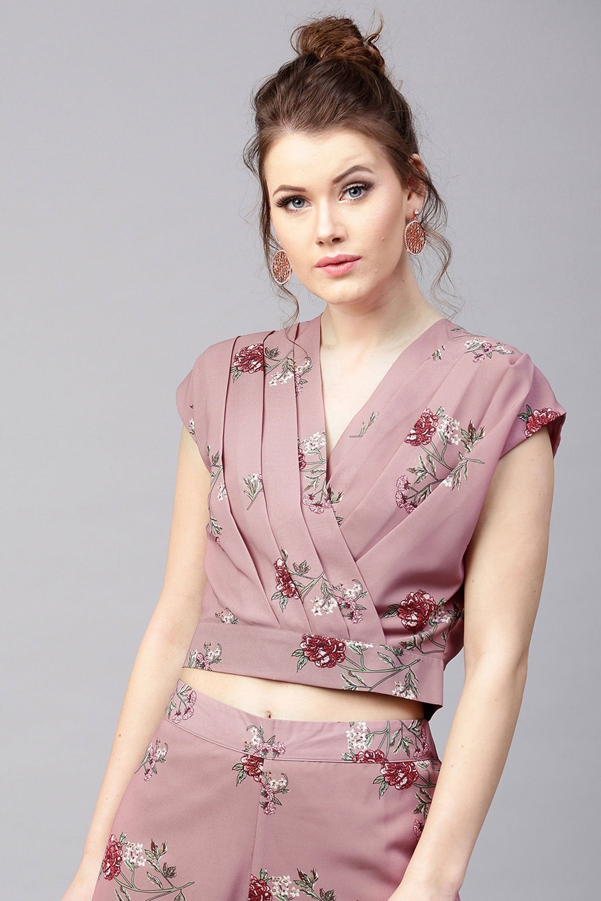 Women's Onion Pink Floral Wrap Neck Crop Top - SASSAFRAS