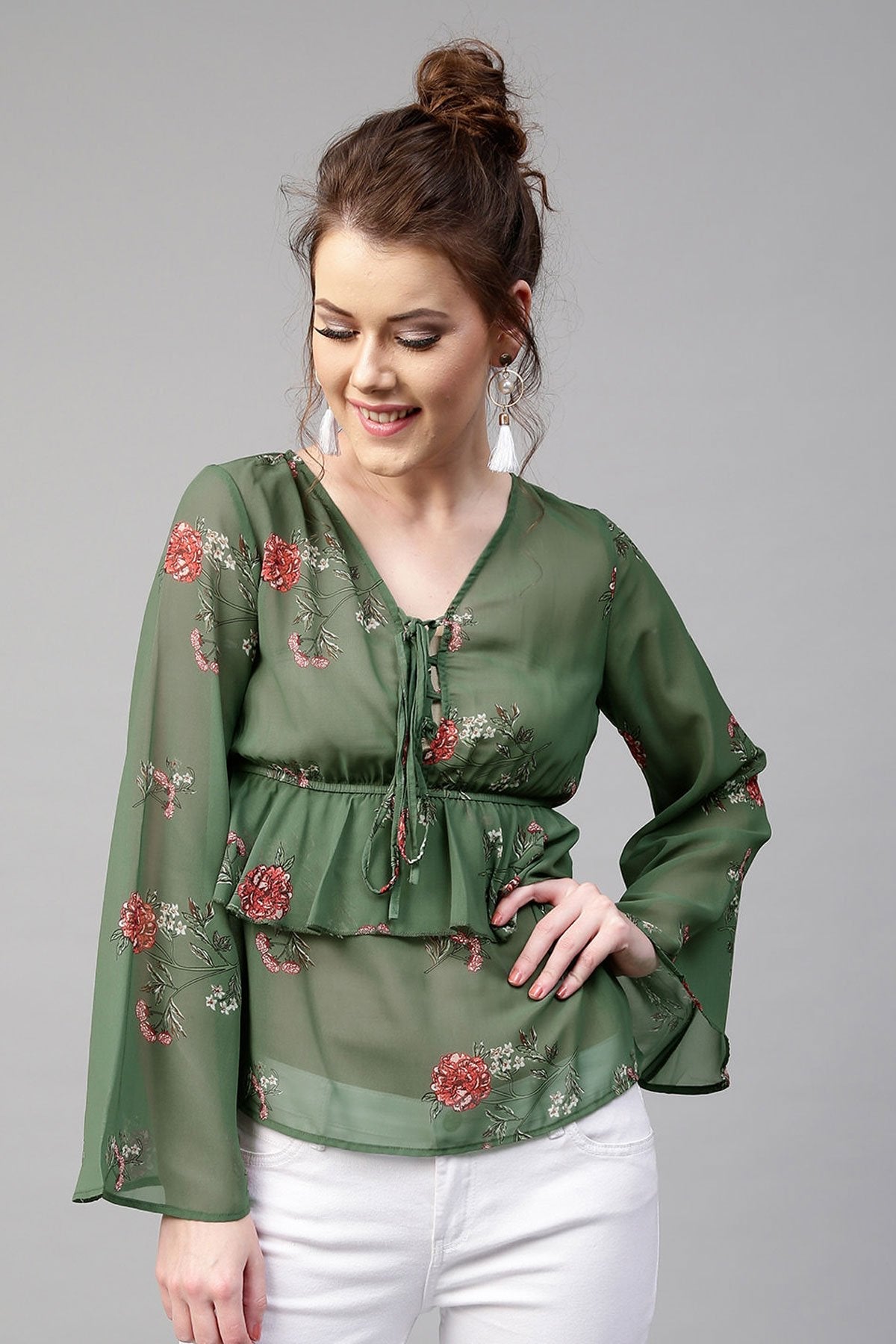 Women's Green Floral Tie Up Bell Sleeve Top - SASSAFRAS