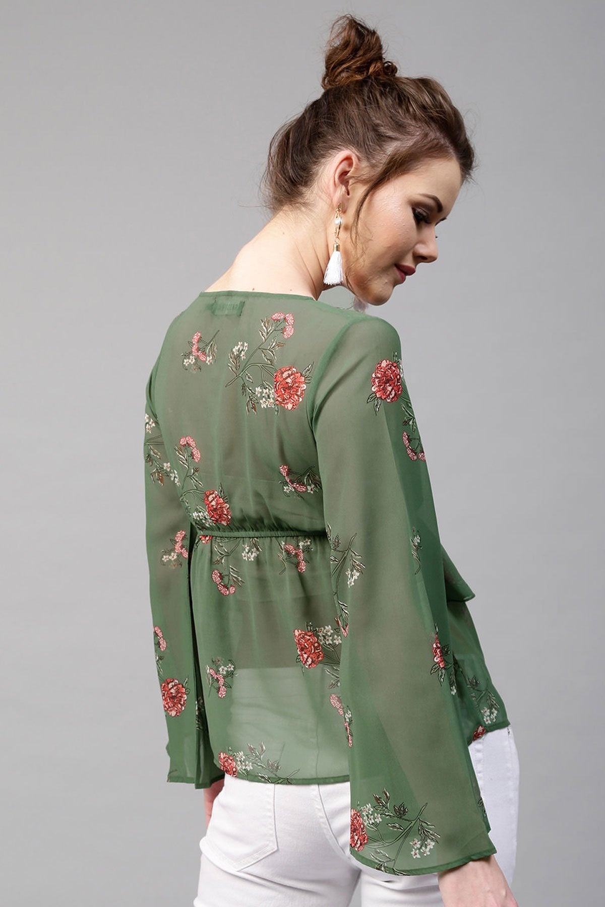 Women's Green Floral Tie Up Bell Sleeve Top - SASSAFRAS