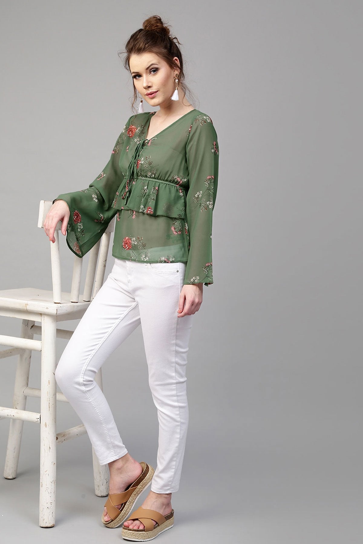 Women's Green Floral Tie Up Bell Sleeve Top - SASSAFRAS