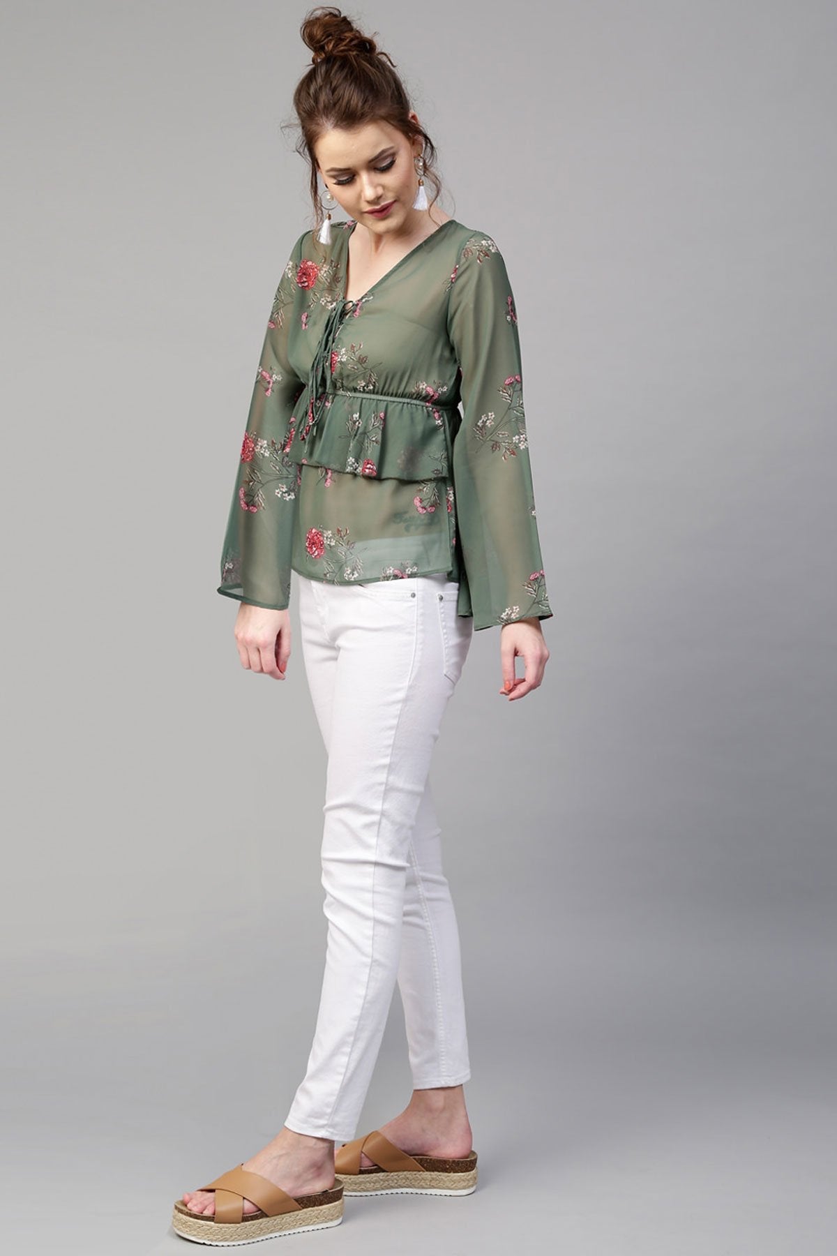 Women's Green Floral Tie Up Bell Sleeve Top - SASSAFRAS