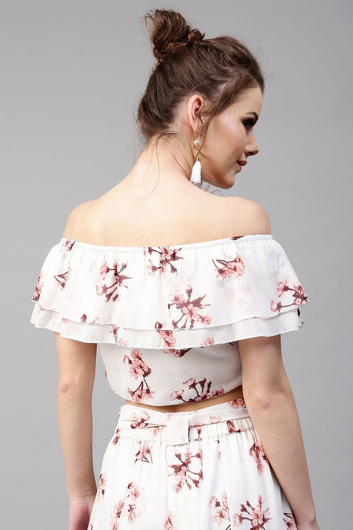 Women's Ivory Floral Off Shoulder Crop Top - SASSAFRAS