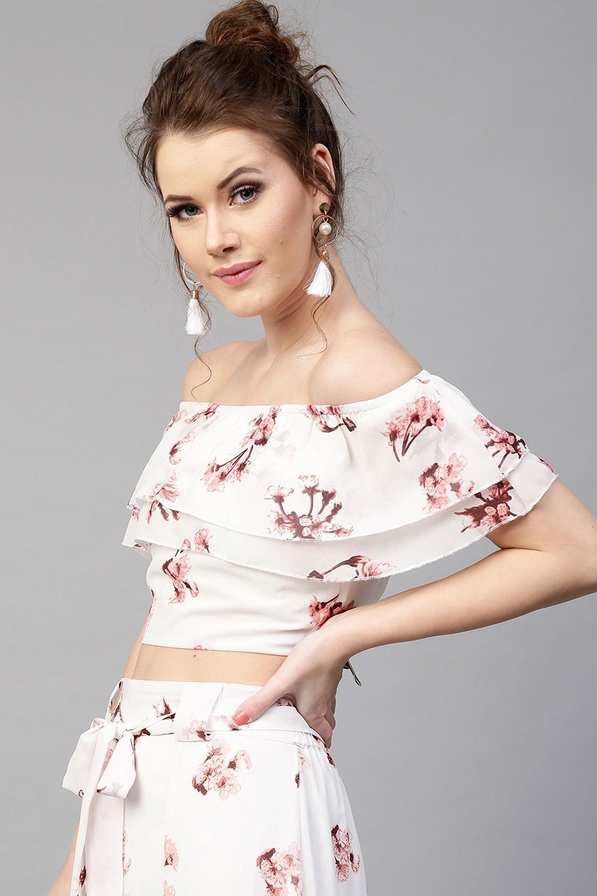 Women's Ivory Floral Off Shoulder Crop Top - SASSAFRAS