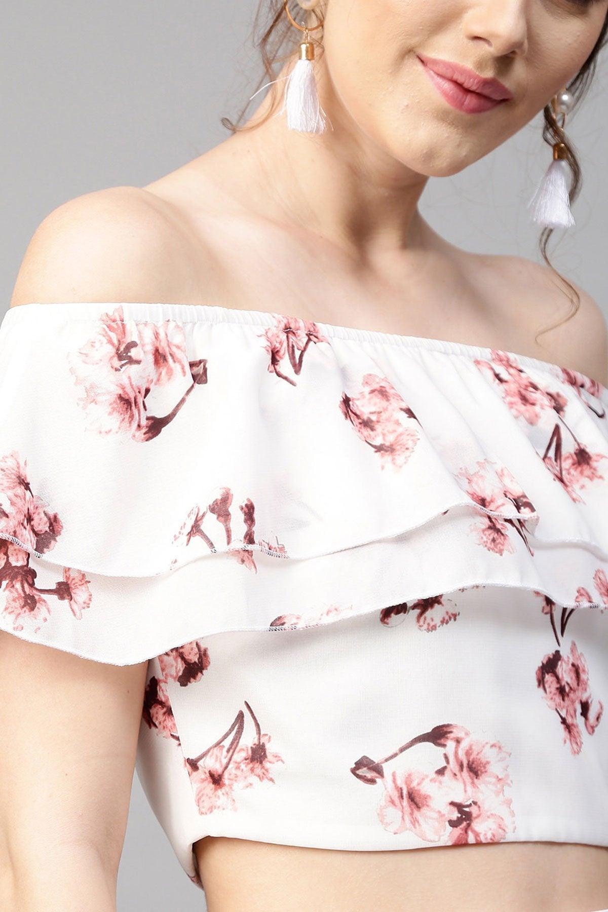 Women's Ivory Floral Off Shoulder Crop Top - SASSAFRAS