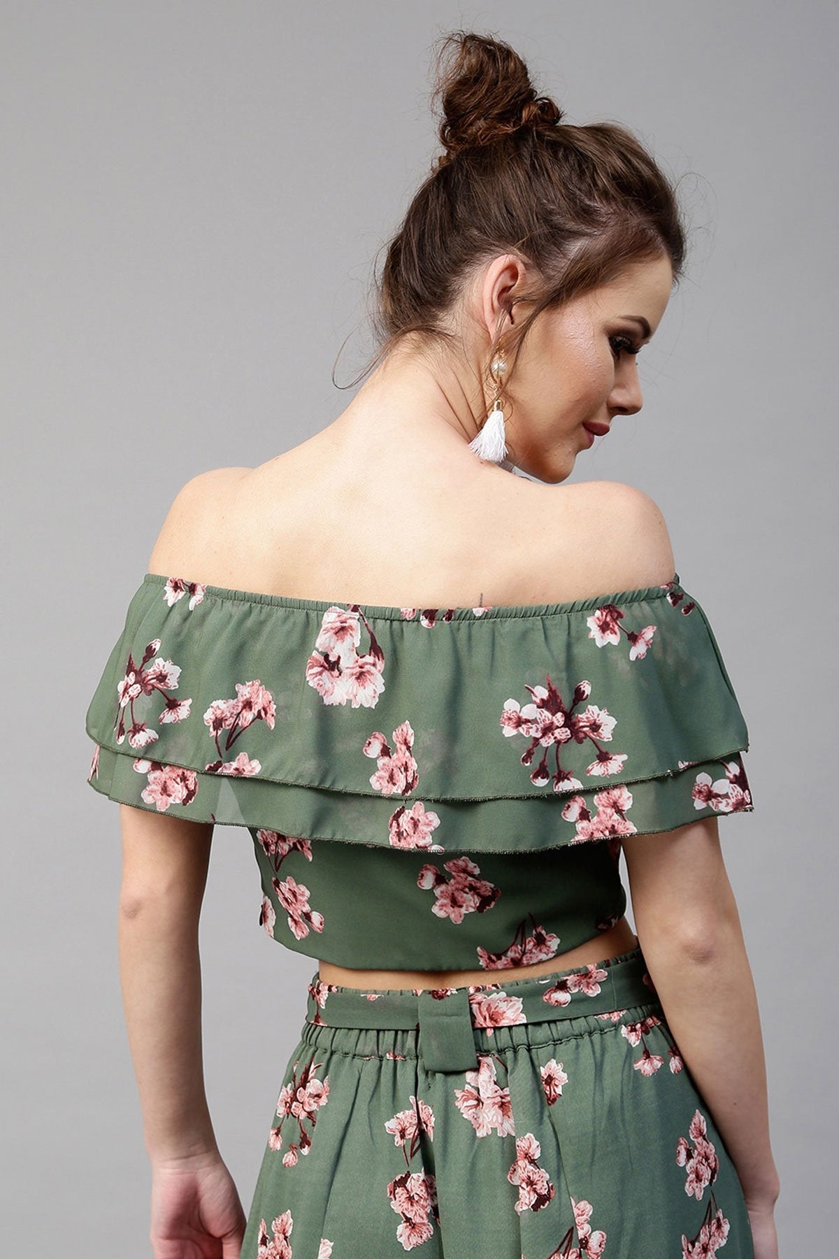 Women's Green Floral Off Shoulder Crop Top - SASSAFRAS