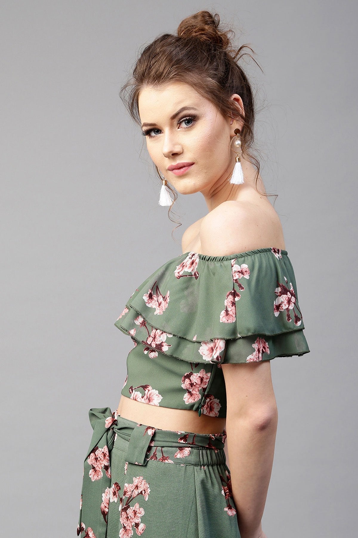 Women's Green Floral Off Shoulder Crop Top - SASSAFRAS