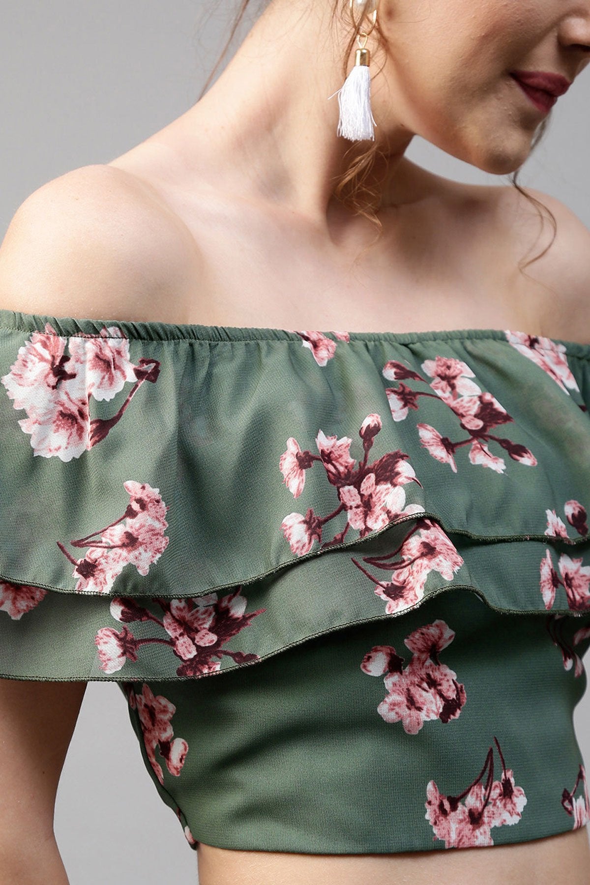 Women's Green Floral Off Shoulder Crop Top - SASSAFRAS