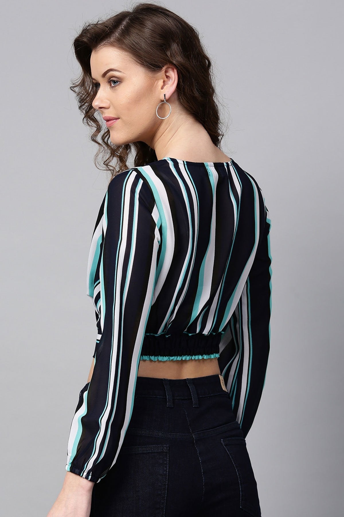 Women's Navy & Sea Green Stripes Wrap Crop Top - SASSAFRAS