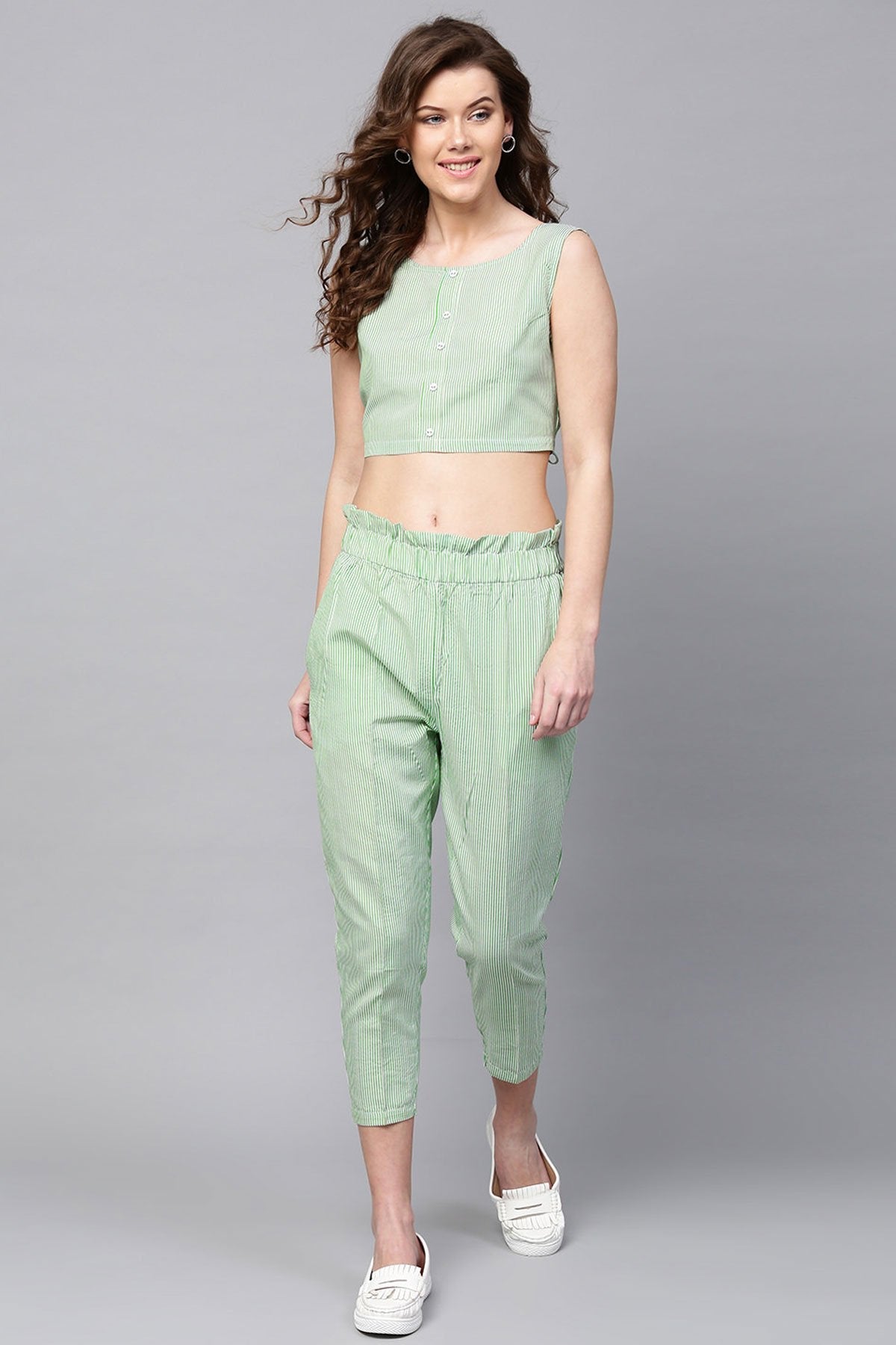 Women's Green Stripes Back Bow Crop Top - SASSAFRAS