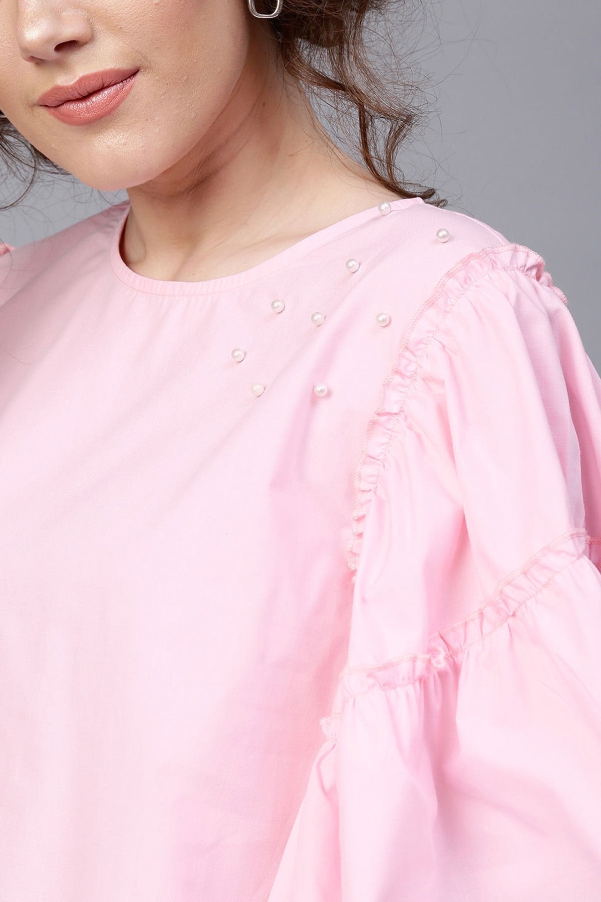 Women's Pink Flared Sleeve Pearl Top - SASSAFRAS