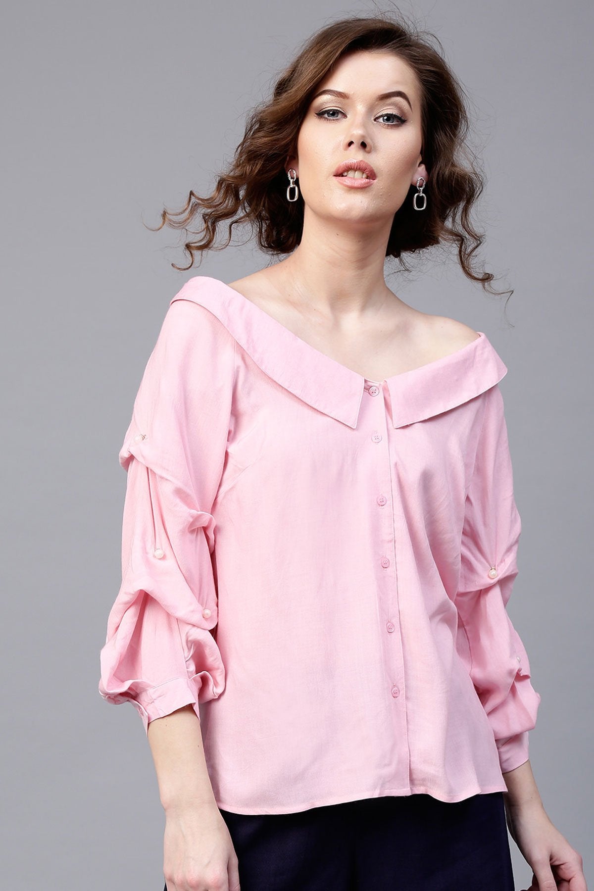 Women's Pink Tucked Pearl Sleeve Top - SASSAFRAS