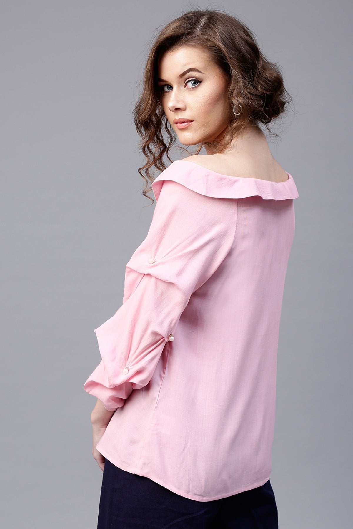 Women's Pink Tucked Pearl Sleeve Top - SASSAFRAS