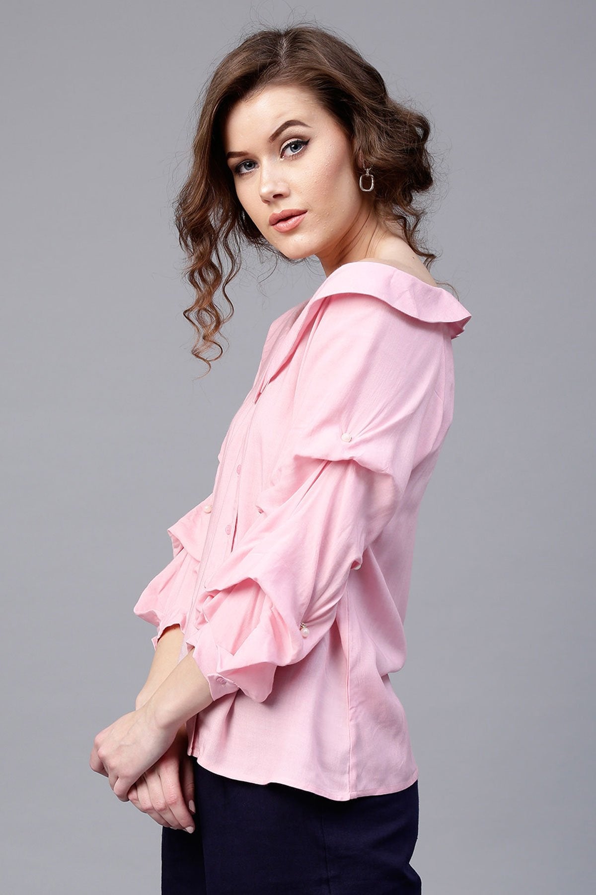 Women's Pink Tucked Pearl Sleeve Top - SASSAFRAS