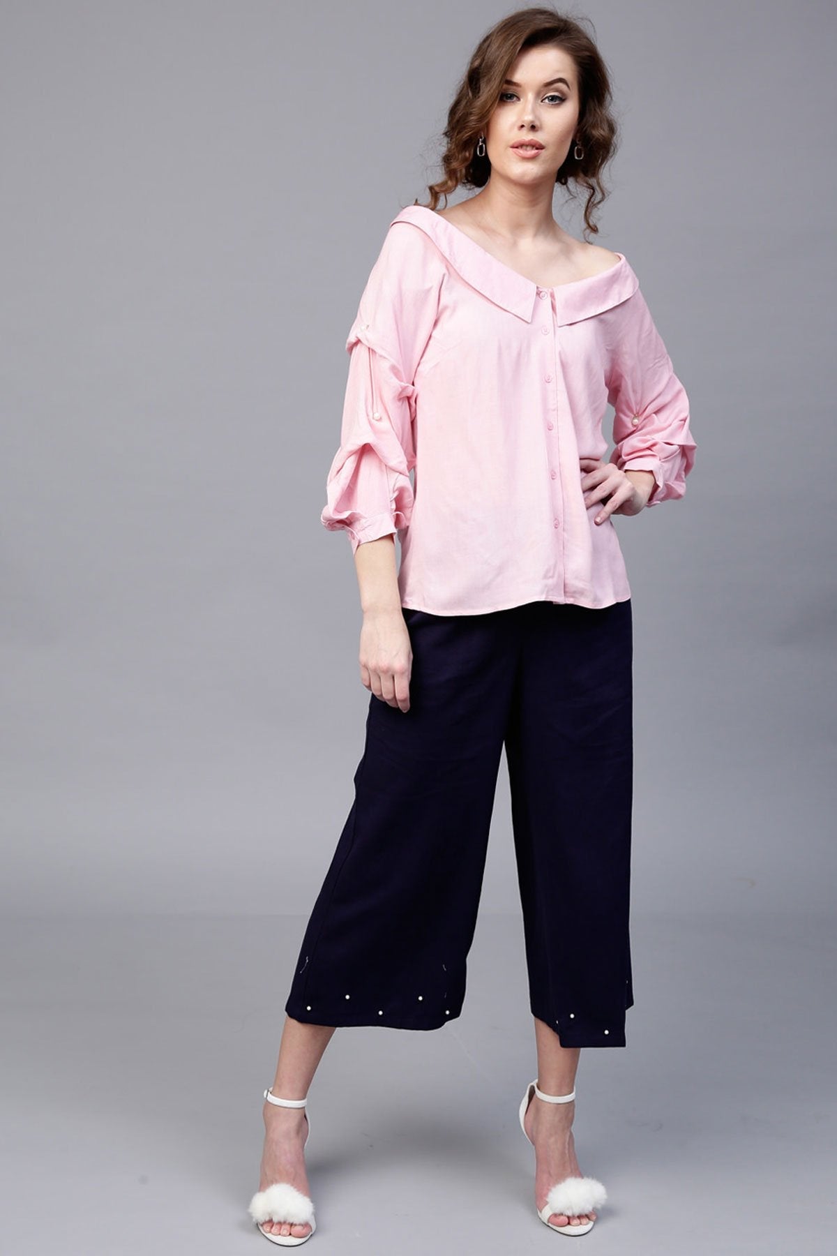 Women's Pink Tucked Pearl Sleeve Top - SASSAFRAS