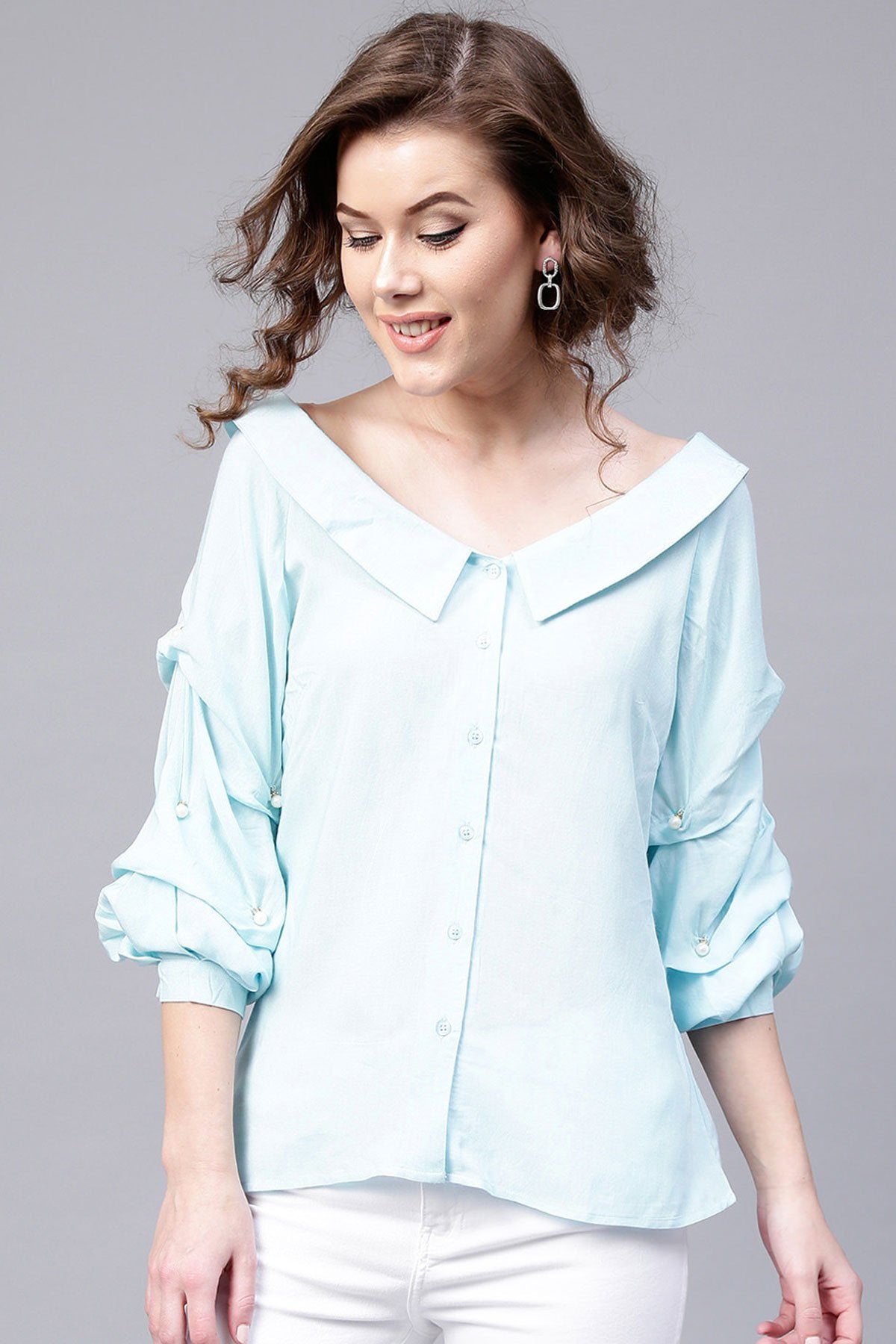 Women's Blue Tucked Pearl Sleeve Top - SASSAFRAS