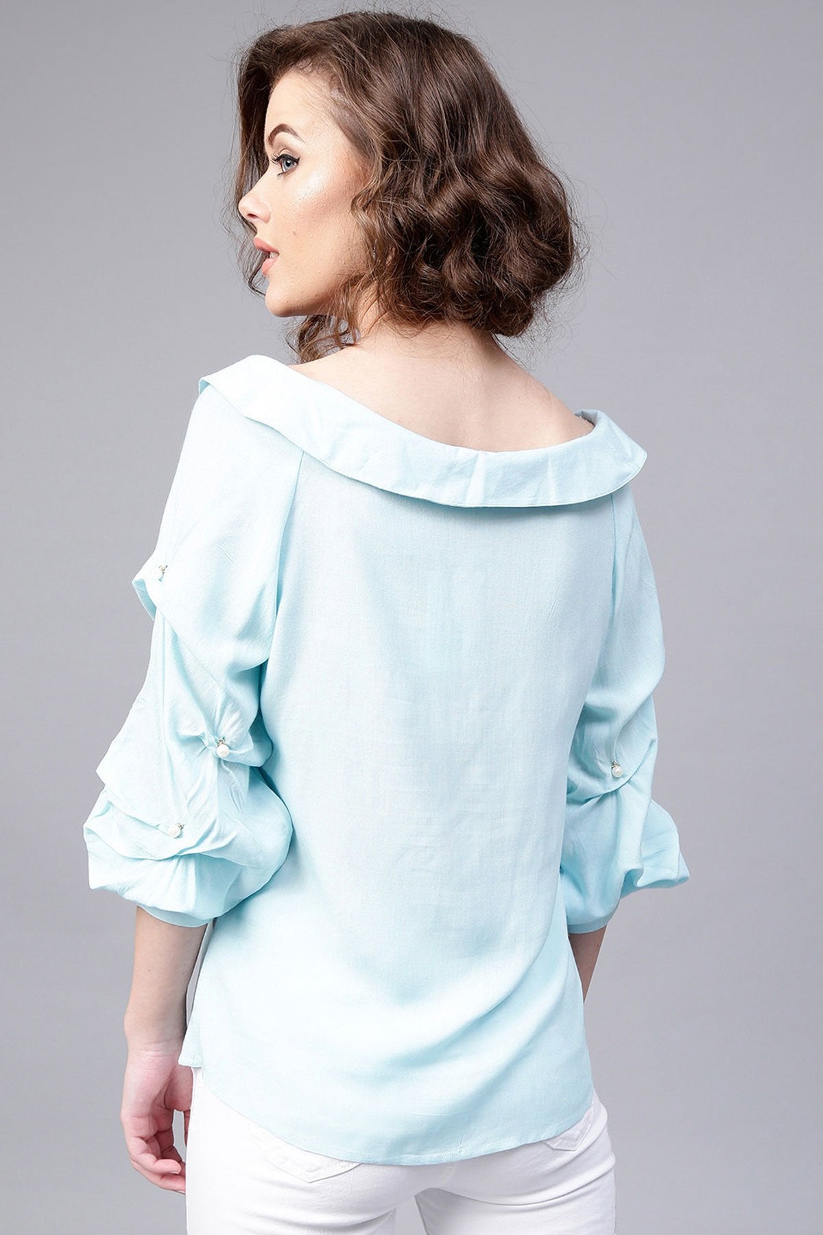 Women's Blue Tucked Pearl Sleeve Top - SASSAFRAS