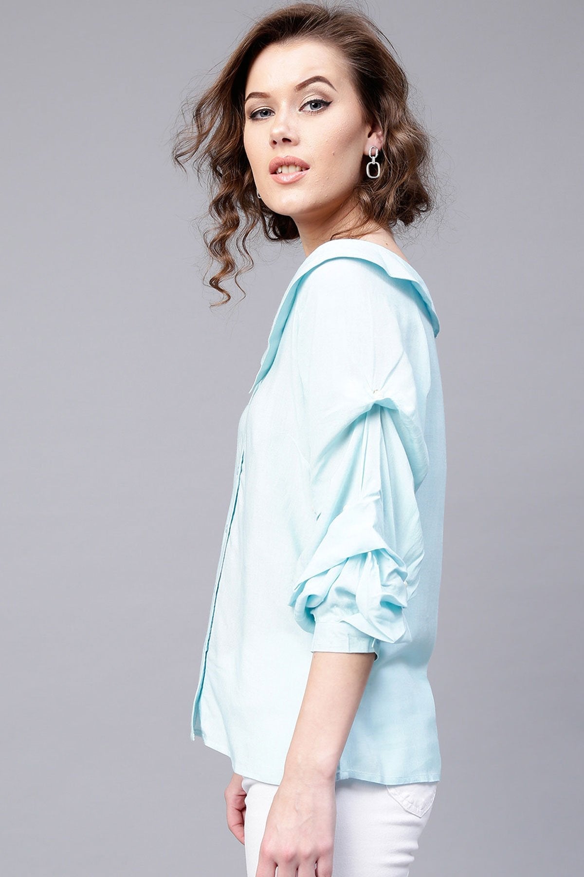 Women's Blue Tucked Pearl Sleeve Top - SASSAFRAS