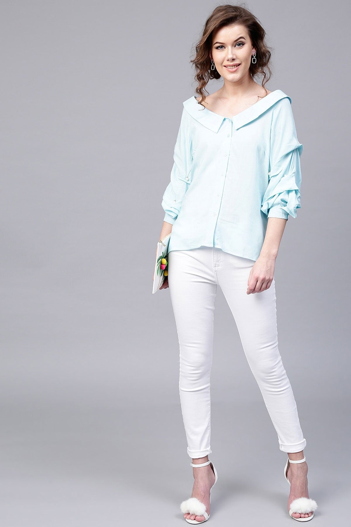 Women's Blue Tucked Pearl Sleeve Top - SASSAFRAS