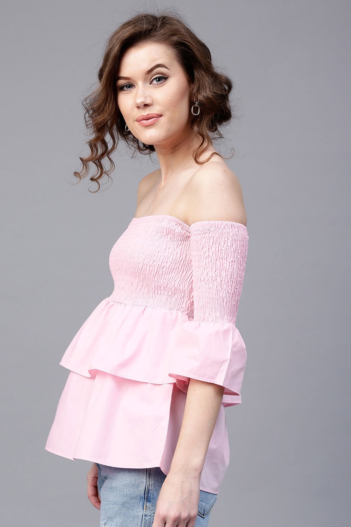 Women's Pink Off Shoulder Smocked Top - SASSAFRAS