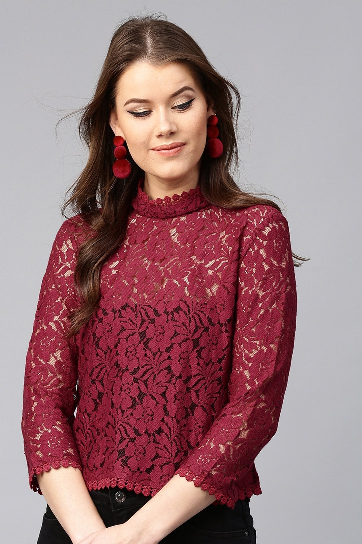 Women's Maroon Lace Back Zipper Top - SASSAFRAS