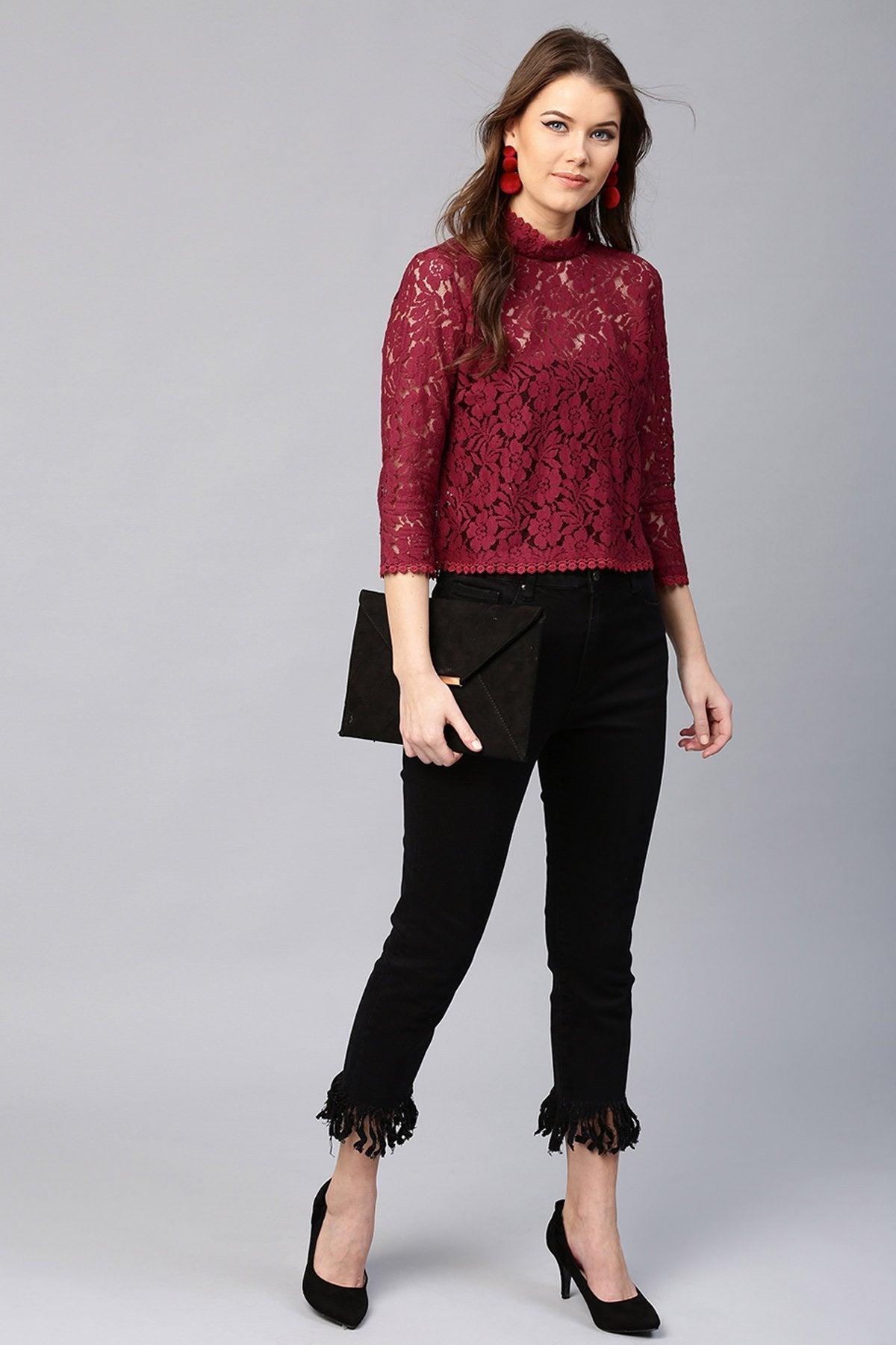 Women's Maroon Lace Back Zipper Top - SASSAFRAS