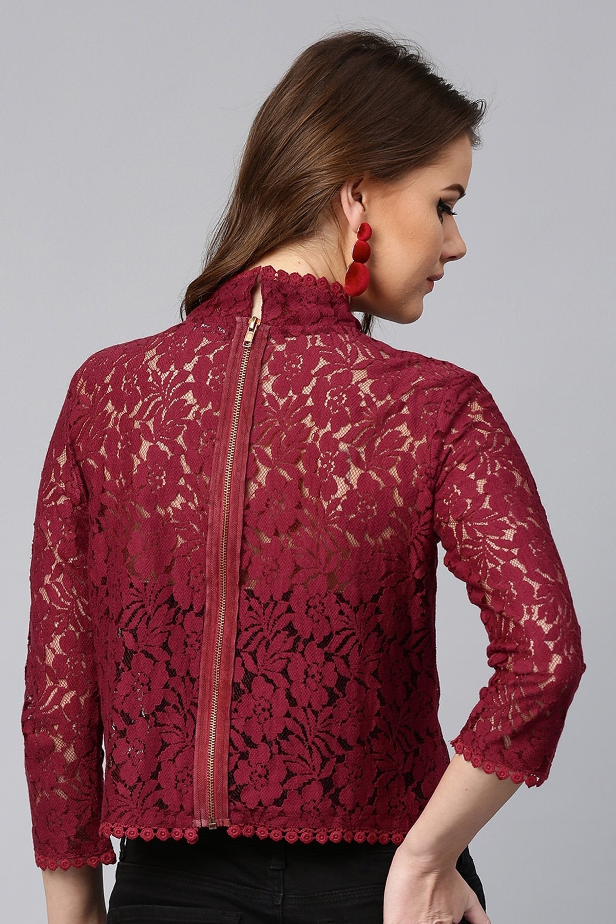 Women's Maroon Lace Back Zipper Top - SASSAFRAS