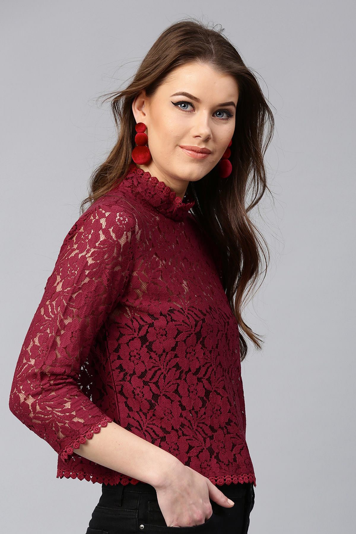 Women's Maroon Lace Back Zipper Top - SASSAFRAS