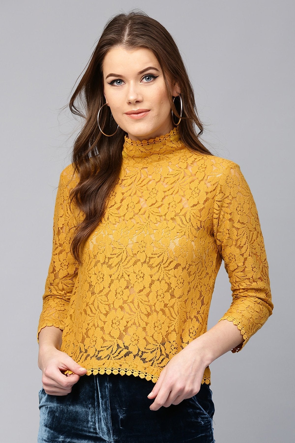 Women's Mustard Lace Back Zipper Top - SASSAFRAS