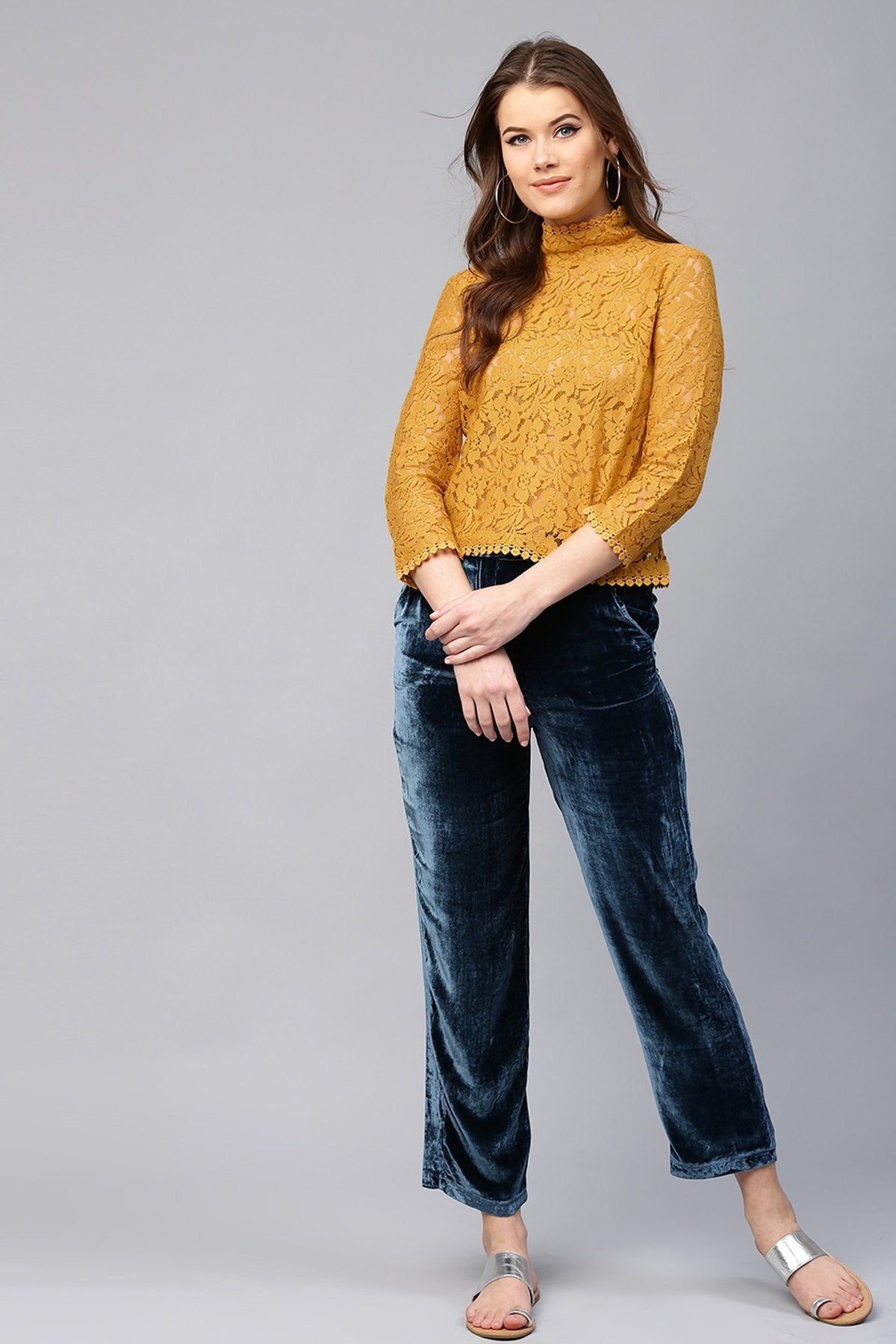 Women's Mustard Lace Back Zipper Top - SASSAFRAS