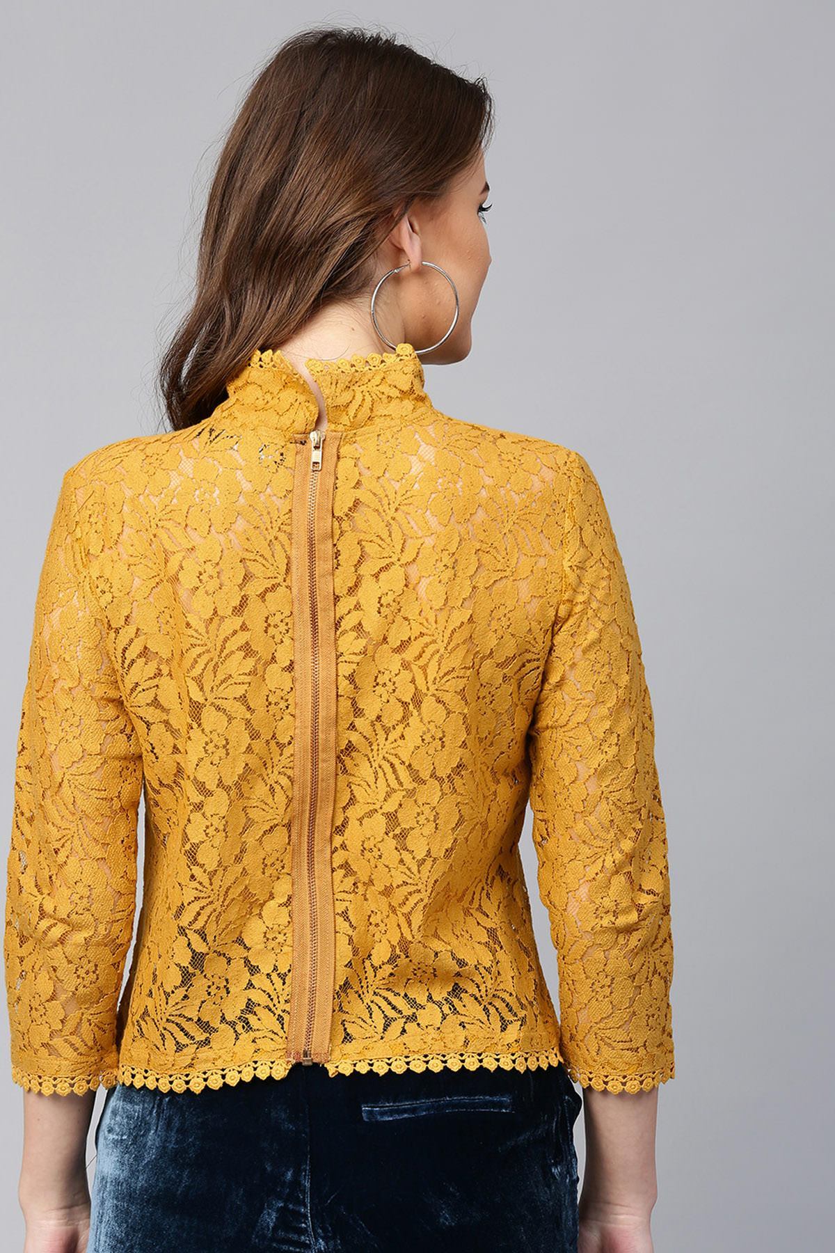 Women's Mustard Lace Back Zipper Top - SASSAFRAS