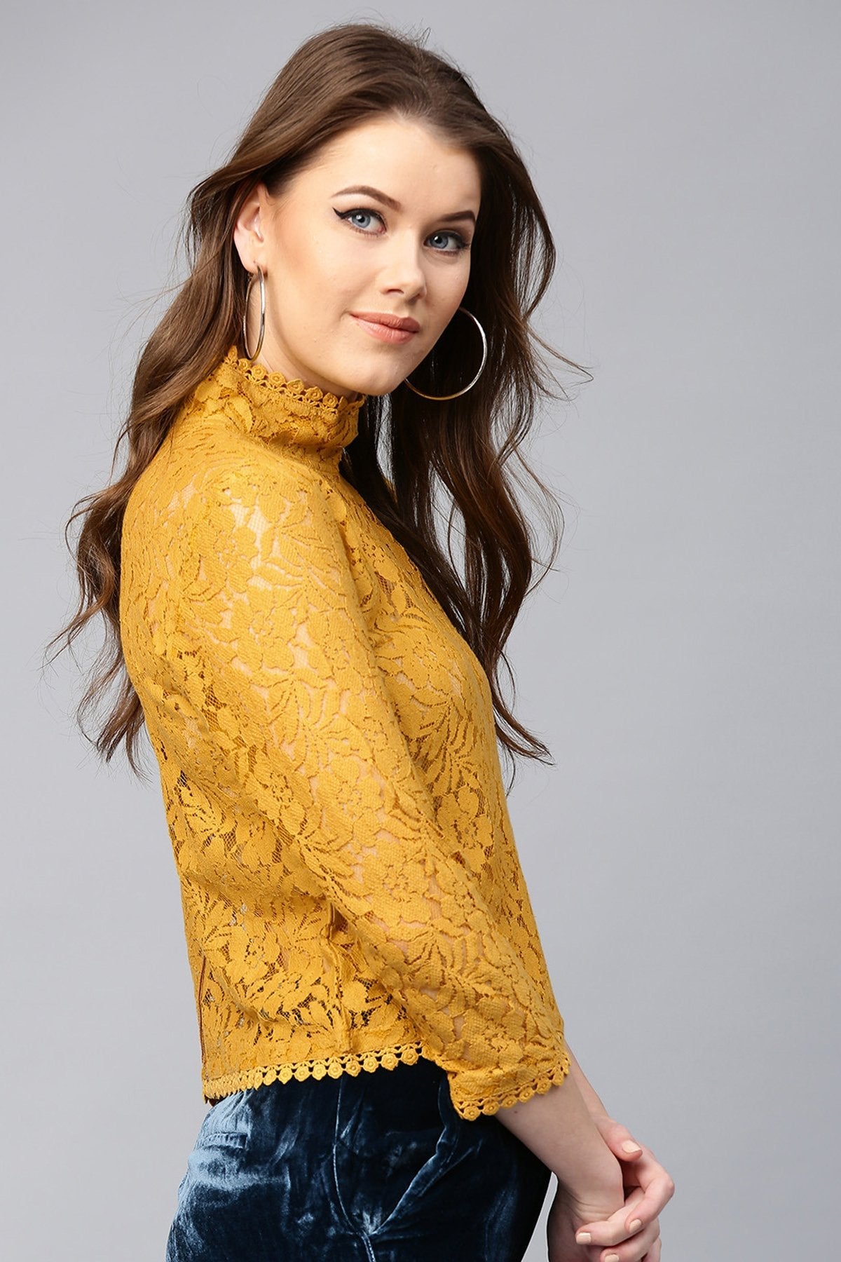 Women's Mustard Lace Back Zipper Top - SASSAFRAS