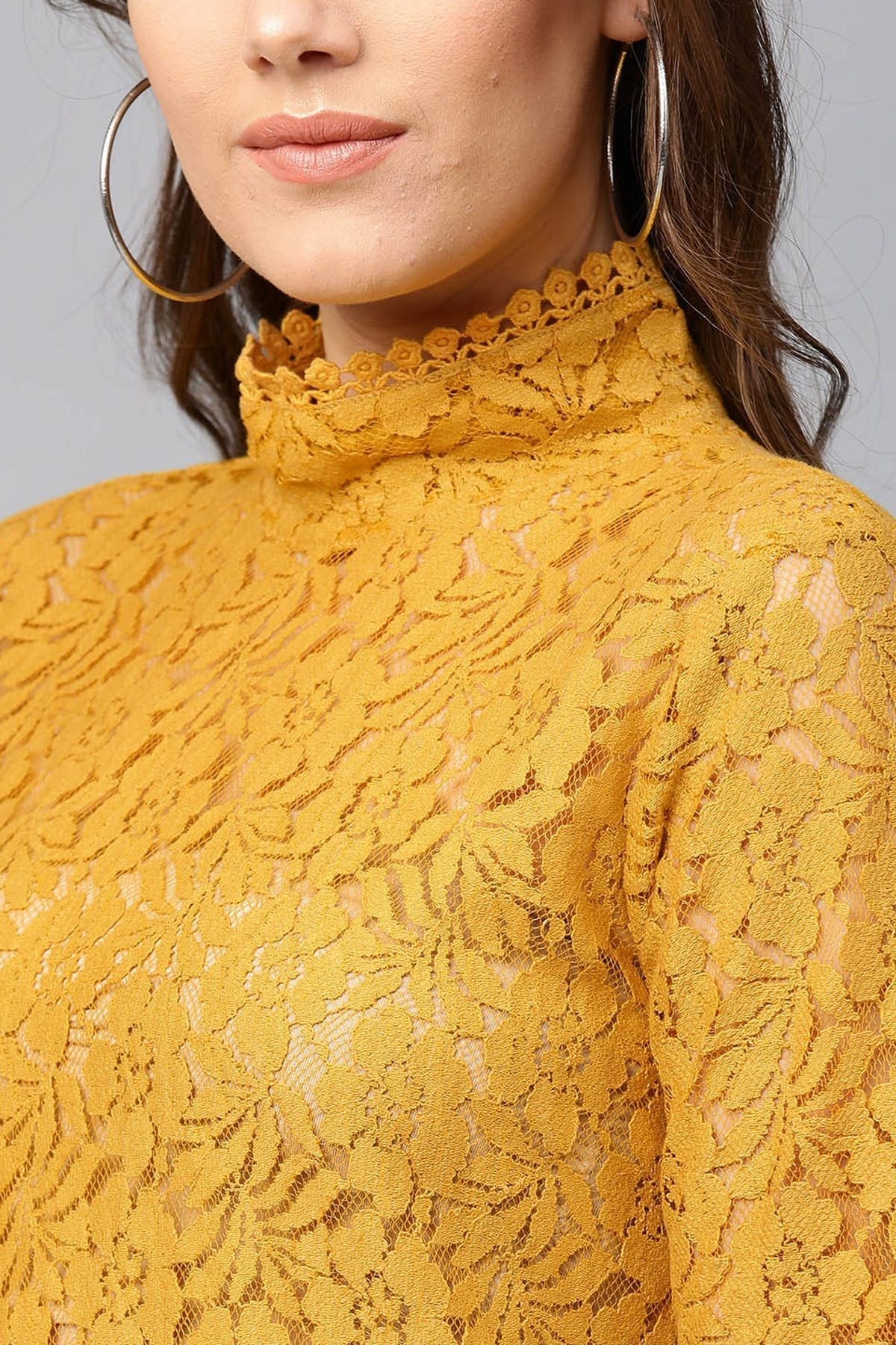 Women's Mustard Lace Back Zipper Top - SASSAFRAS